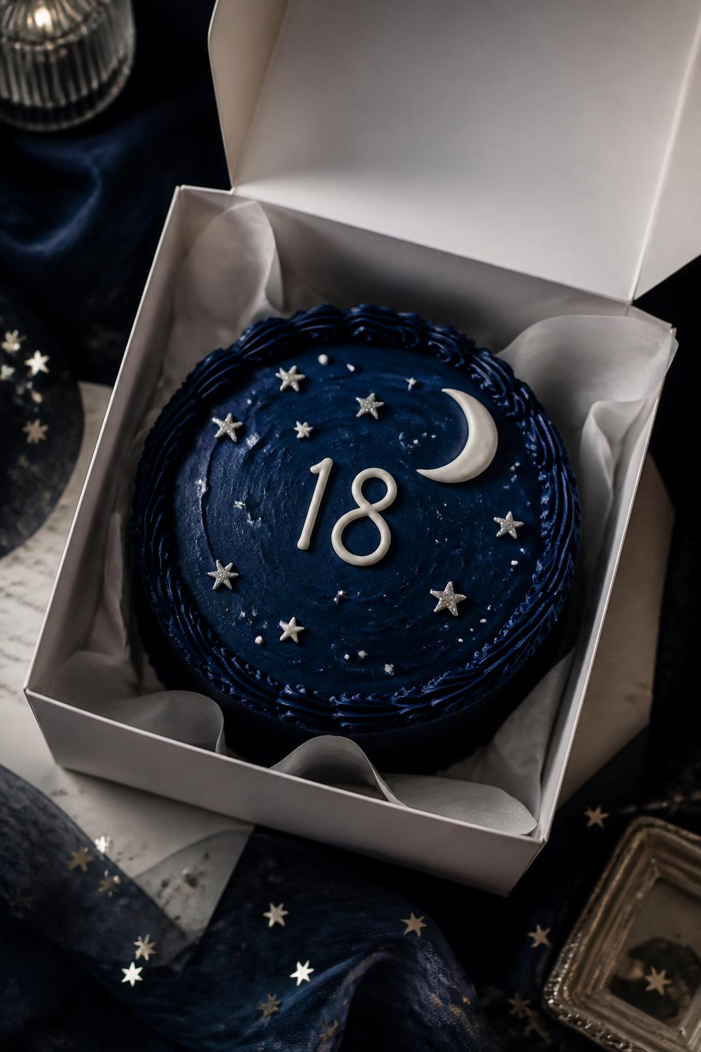 Image Prompt:
A dreamy star themed 18th birthday bento cake inside an open white cake box, deep navy blue frosting, tiny silver and white star details, crescent moon accent, soft white icing number “18,” magical night sky styling, gentle moody light, realistic editorial dessert photography, no people, no hands, no faces, no watermarks on images