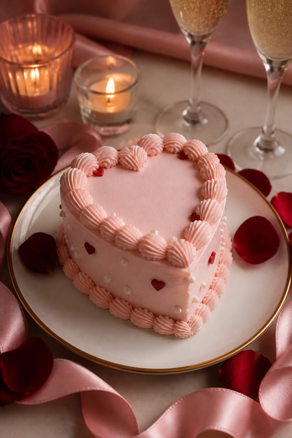 Image Prompt: A cute mini heart-shaped anniversary cake with pale pink buttercream, soft shell piping, tiny pearl details, and small red heart accents. Style it on a romantic dessert plate with rose petals, satin ribbon, candles, and champagne glasses in the background. Make it look sweet, polished, and realistic, with editorial food photography, no people, no faces, no text overlay, no watermark. (no watermarks on images)