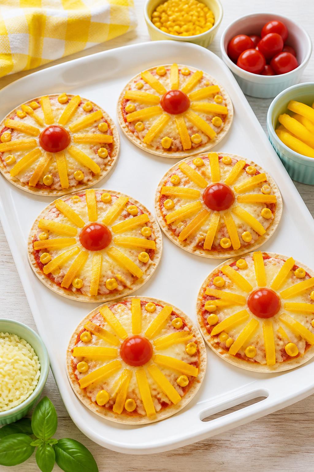 Detailed Image Prompt:
A cheerful summer food craft photo showing mini sunshine tortilla pizzas, round tortillas topped with melted cheese, yellow bell pepper rays, cherry tomato centers, and sweet corn details, arranged on a white tray with small bowls of toppings nearby, bright kid-friendly lunch styling, clean kitchen table, no people, no faces, no readable text, no watermark on images.