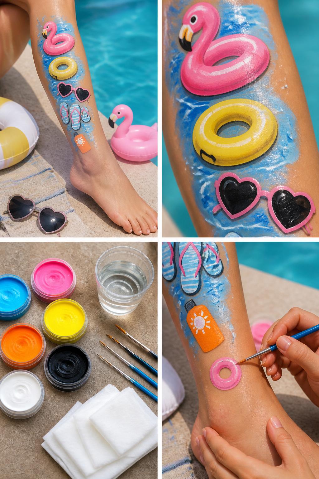 Detailed Image Prompt:
A realistic editorial 2x2 collage grid showing pool party icon leg painting, top-left finished design with mini pool floats, sunglasses, flip-flops, water ripples, and sunscreen bottle shapes painted down the calf, top-right close-up of float and sunglasses details, bottom-left flat lay of skin-safe blue, pink, yellow, orange, white, and black body paint, fine brushes, wipes, and water cup, bottom-right cropped hands painting a tiny pool float on the lower leg, playful summer poolside craft setting, no faces, no text, no watermark on images.