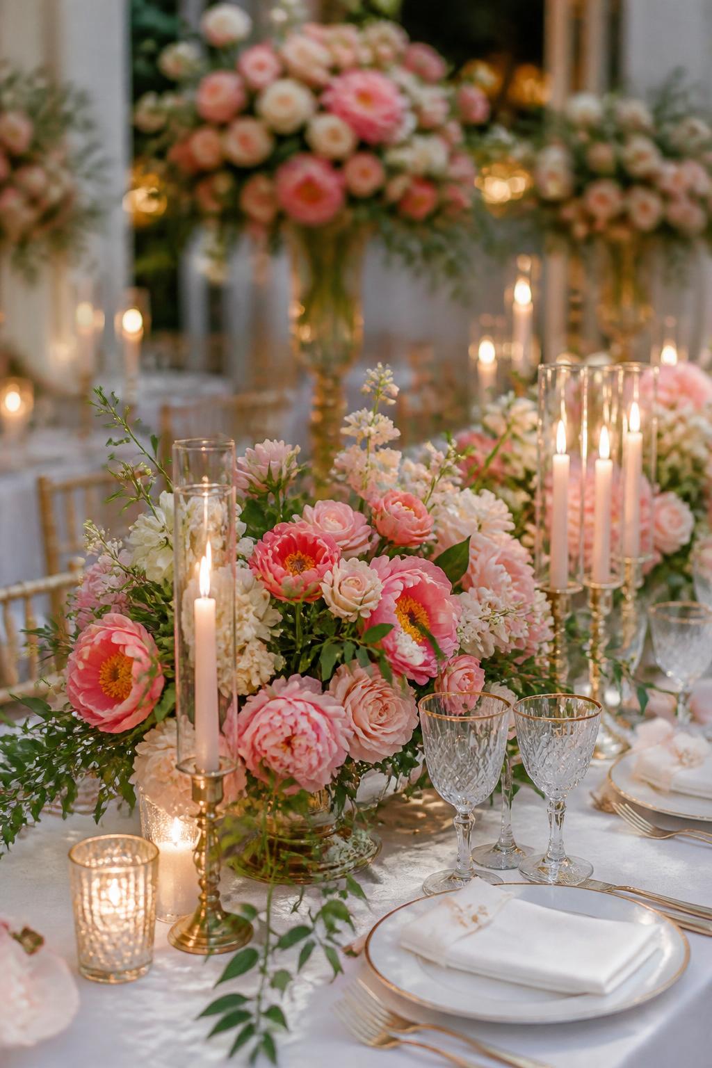 Image Prompt:
A romantic wedding table styled with pink floral centerpieces using blush roses, pink peonies, soft coral blooms, ivory flowers, and delicate greenery. Include white linen, gold candle holders, white plates, crystal glasses, and warm candlelight. Elegant ballroom or garden reception setting, no visible faces, no text, no watermark, realistic DSLR wedding photography, (no watermarks on images)