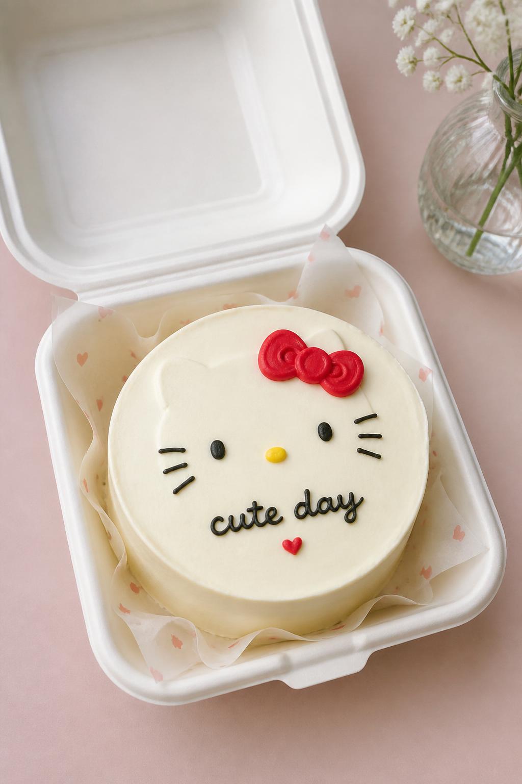 Image Prompt:
A minimal Hello Kitty themed bento cake inside an open white bento cake box, smooth cream frosting, tiny red bow detail, small black whisker accents, neat handwritten icing text reading “cute day,” clean modern styling, soft natural light, pastel background, realistic editorial bakery photography, no people, no hands, no faces, no watermarks on images