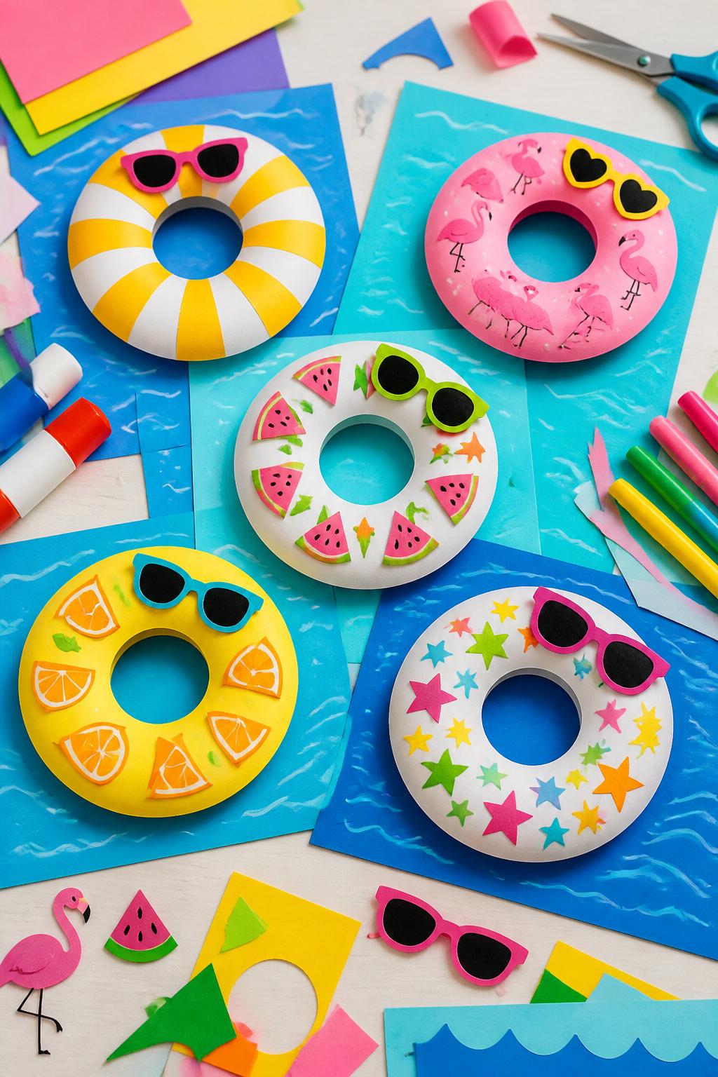 Detailed Image Prompt:
A fun kids’ craft photo showing paper pool float crafts, donut-shaped paper floats decorated with bright stripes, fruit patterns, flamingos, stars, and tiny paper sunglasses, placed on blue cardstock water backgrounds, glue sticks, markers, and paper scraps nearby, playful pool party summer style, no people, no faces, no readable text, no watermark on images.