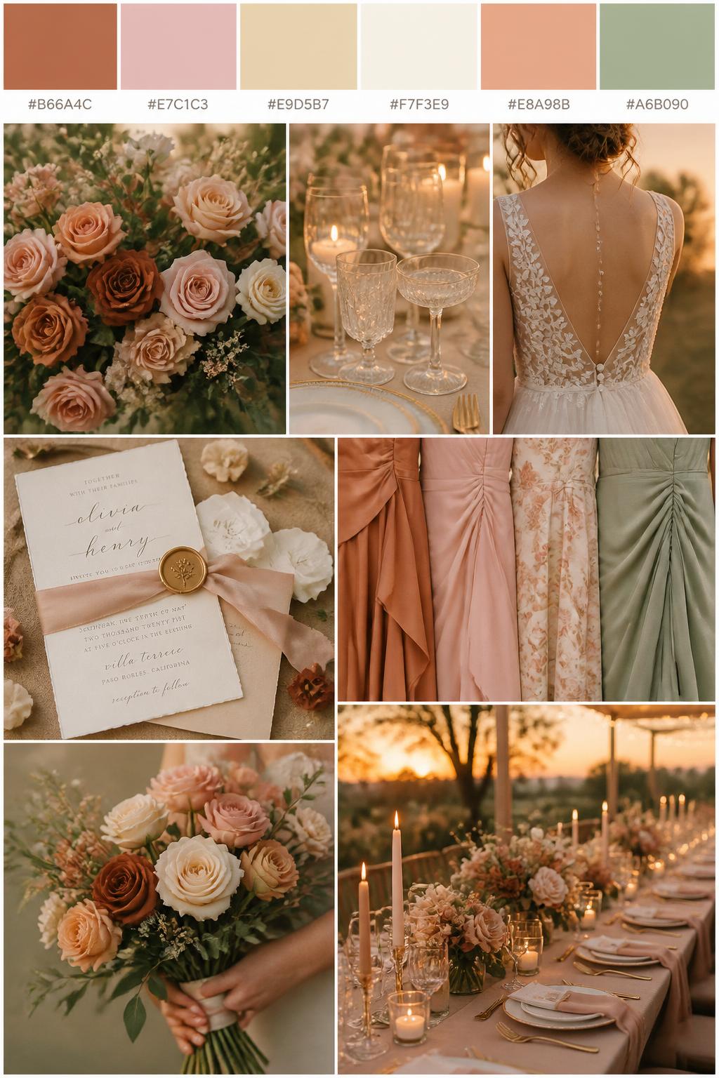 A realistic sunset wedding color palette mood board with a top strip of swatches and small hex codes in clay, blush pink, champagne, ivory, dusty peach, and muted sage. Below, show a cohesive collage of clay-toned florals, blush roses, champagne glassware, ivory candles, stationery with silk ribbon, a back-view bridal detail, cropped bridesmaid dress fabric shots, hands-only bouquet styling, and a romantic reception table under warm glowing light. Keep faces out of frame using side angles, back views, close-up crops, and no-people scenes. The overall mood should feel soft, warm, elegant, and sunset-inspired with realistic DSLR photo quality. 9:16 vertical format. (no watermarks on images)