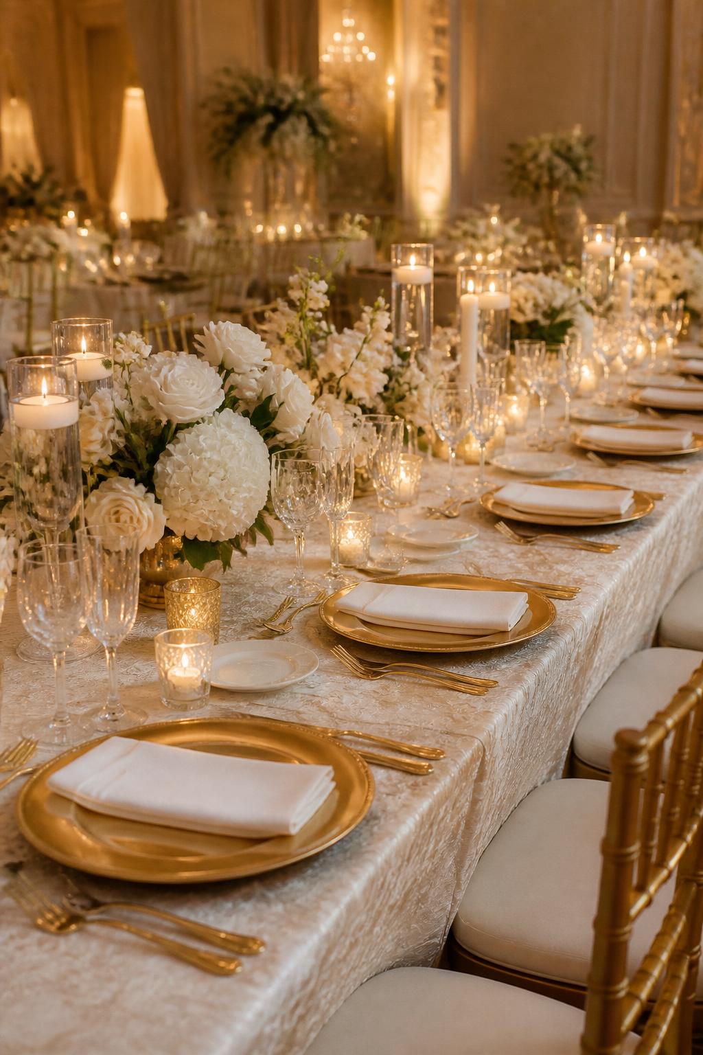 Image Prompt:
A classic wedding reception table photo showing a long rectangle table with gold chargers, white floral centerpieces, ivory tablecloth, white napkins, gold flatware, crystal glasses, and soft candlelight. The table is set in a grand reception hall with elegant lighting, no visible faces, no text, no watermark, professional editorial wedding photography.