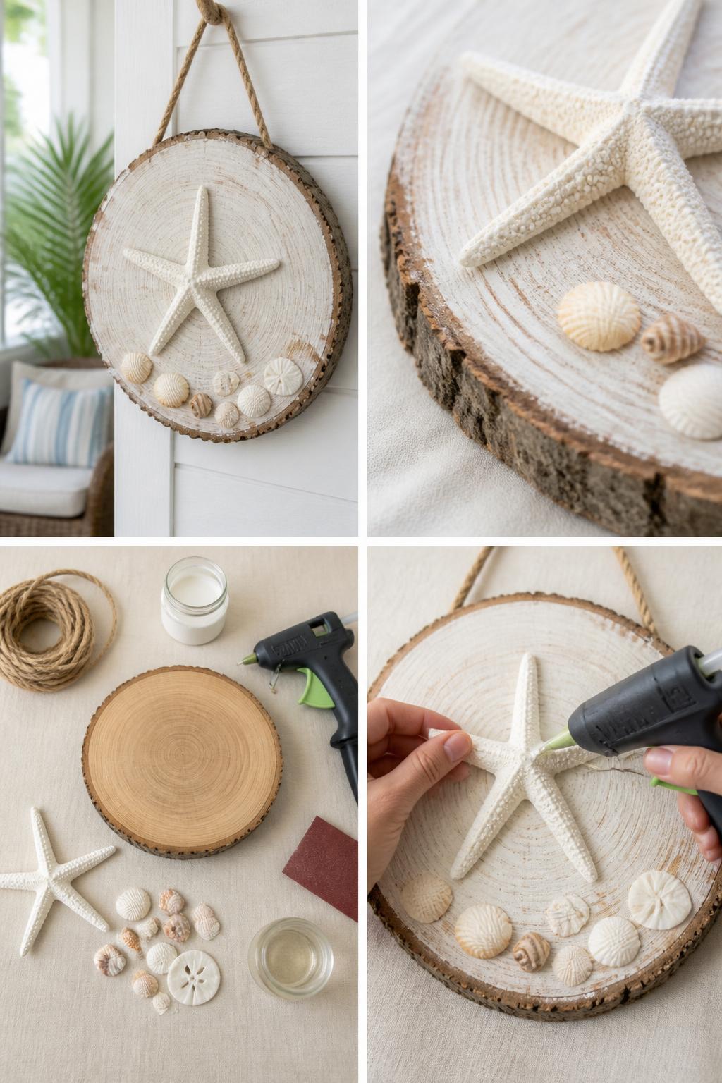 Detailed Image Prompt:
A realistic editorial 2x2 collage grid showing a DIY starfish wood slice summer sign, top-left finished wood slice sign with a faux starfish, tiny shells, whitewashed paint, and rope hanger on a covered porch wall, top-right close-up of starfish texture and wood slice bark edge, bottom-left flat lay of wood slice, faux starfish, small shells, jute rope, white paint, hot glue gun, sandpaper, and clear sealer, bottom-right cropped hands gluing a starfish onto the wood slice, coastal rustic summer craft styling, no faces, no text, no watermark on images.