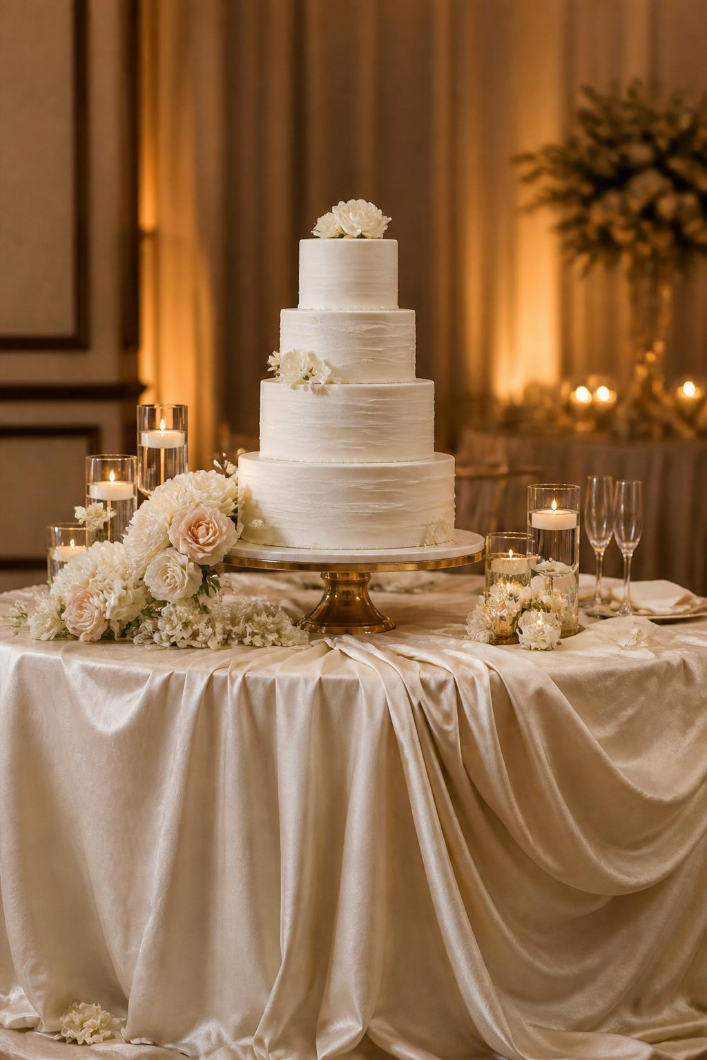Image Prompt:
An elegant wedding cake table styled with soft draped ivory or champagne linen flowing over the table, a white tiered cake on a raised stand, delicate flowers at the base, clear candle holders, and warm reception lighting. No visible faces, no full people, no text, no watermark, professional DSLR wedding photography, (no watermarks on images)