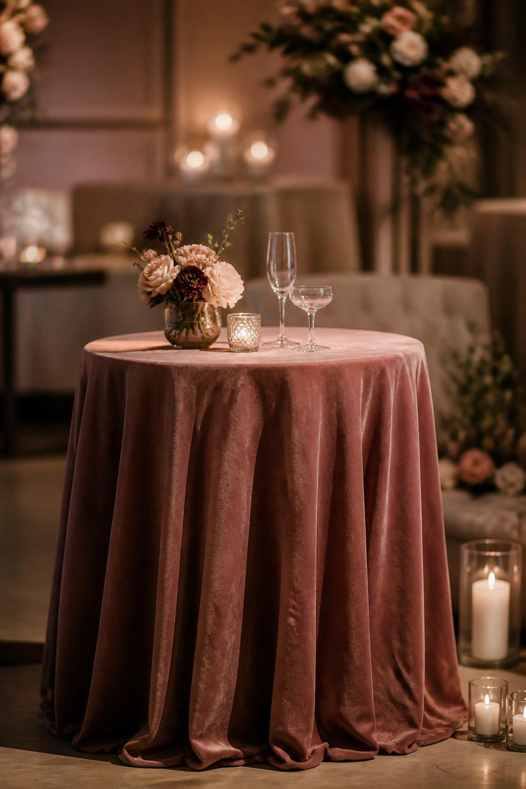 Image Prompt:
An elegant editorial wedding cocktail table image showing a small round cocktail table covered in a rich velvet linen in sage green, dusty rose, champagne, or deep burgundy. Add one small floral arrangement, clear glasses, and soft candlelight nearby. Refined wedding reception setting, no visible faces, no text, no watermark, professional DSLR photography, (no watermarks on images)