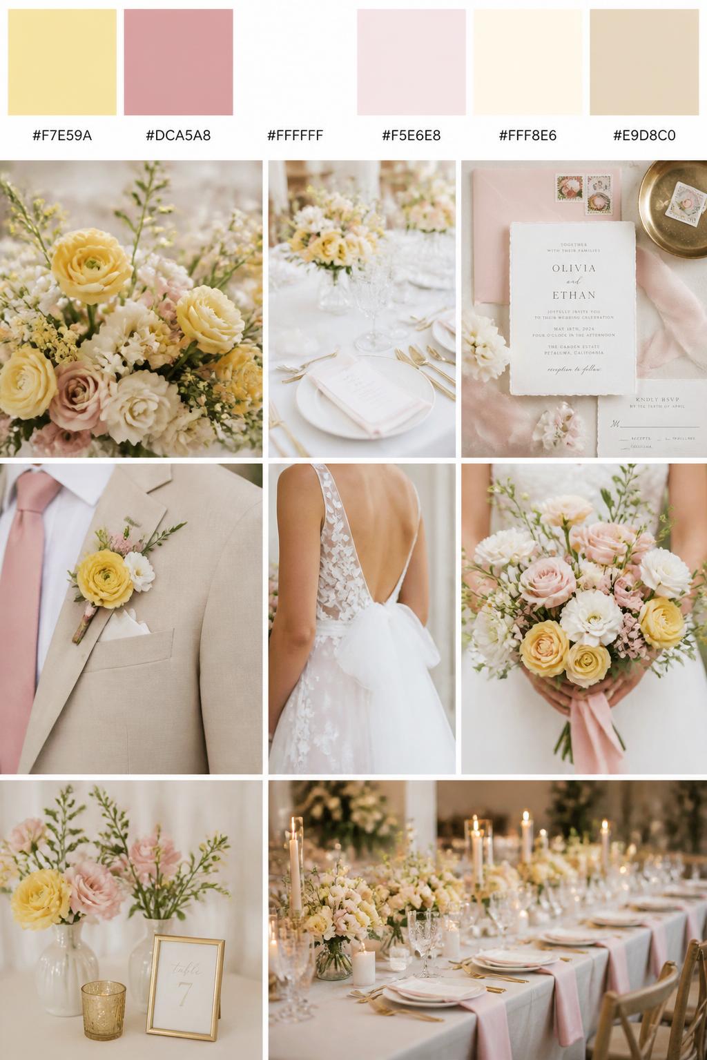 A realistic wedding palette board with a top row of color swatches and hex codes in soft yellow, dusty pink, white, pale blush, ivory, and warm beige. Below, show a polished collage of yellow flowers, dusty pink blooms, white table styling, elegant paper goods, a groom suit detail with boutonniere and no visible face, cropped dress shots, bouquet styling in hands-only composition, and a romantic reception table. Use no full faces, with side crops, back views, and no-people decor shots for variety. The mood should feel sweet, fresh, and romantic with true-to-life DSLR quality. 9:16 vertical format. (no watermarks on images)