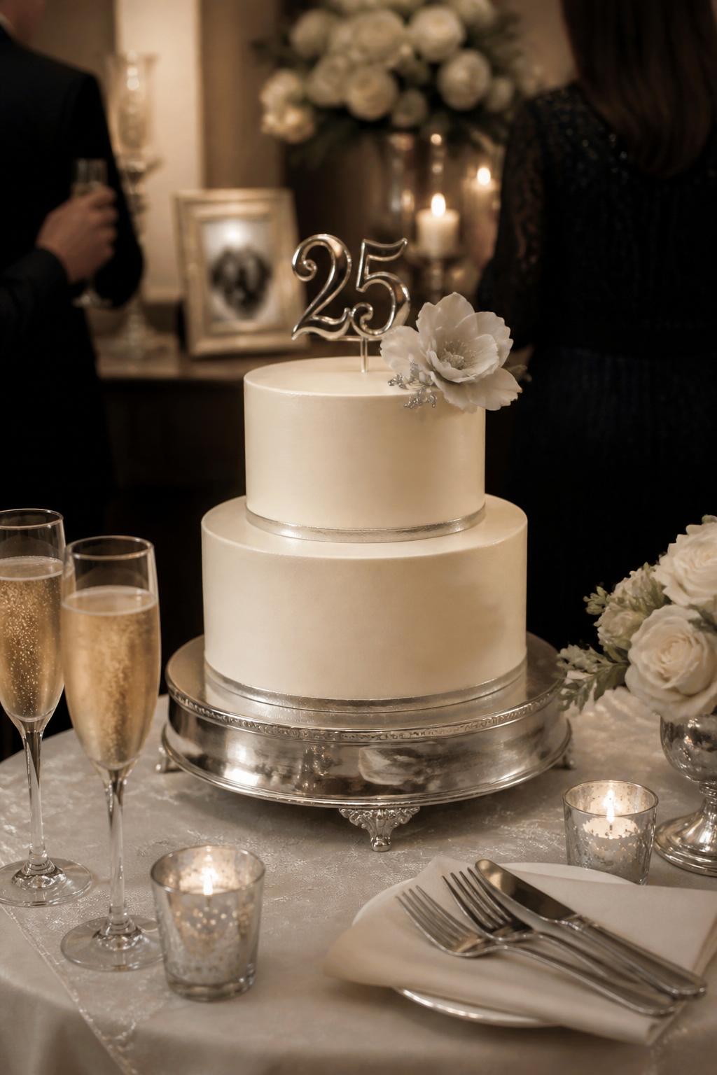 Image Prompt: Ultra-realistic 25th wedding anniversary party photo of a simple two-tier silver anniversary cake with smooth ivory frosting, clean elegant lines, a small silver "25" topper, and one subtle floral accent in white or soft gray tones. Place it on a small dessert table at an intimate anniversary celebration with candles, champagne flutes, soft flowers, fine linen, silver decor, and warm room lighting. Keep the cake in sharp focus. No visible faces. If guests appear, show only cropped hands, back views, side views, or neck-down figures. Realistic frosting detail, soft event styling, DSLR editorial quality. (no watermarks on images)