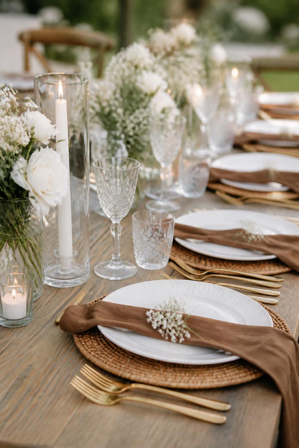 Image Prompt:
A close editorial wedding table photo showing rattan chargers, white plates, brown linen napkins, gold flatware, clear glasses, small white floral sprigs, and soft candlelight. Outdoor garden or boho wedding reception setting, no visible faces, no text, no watermark, realistic professional wedding photography, (no watermarks on images)