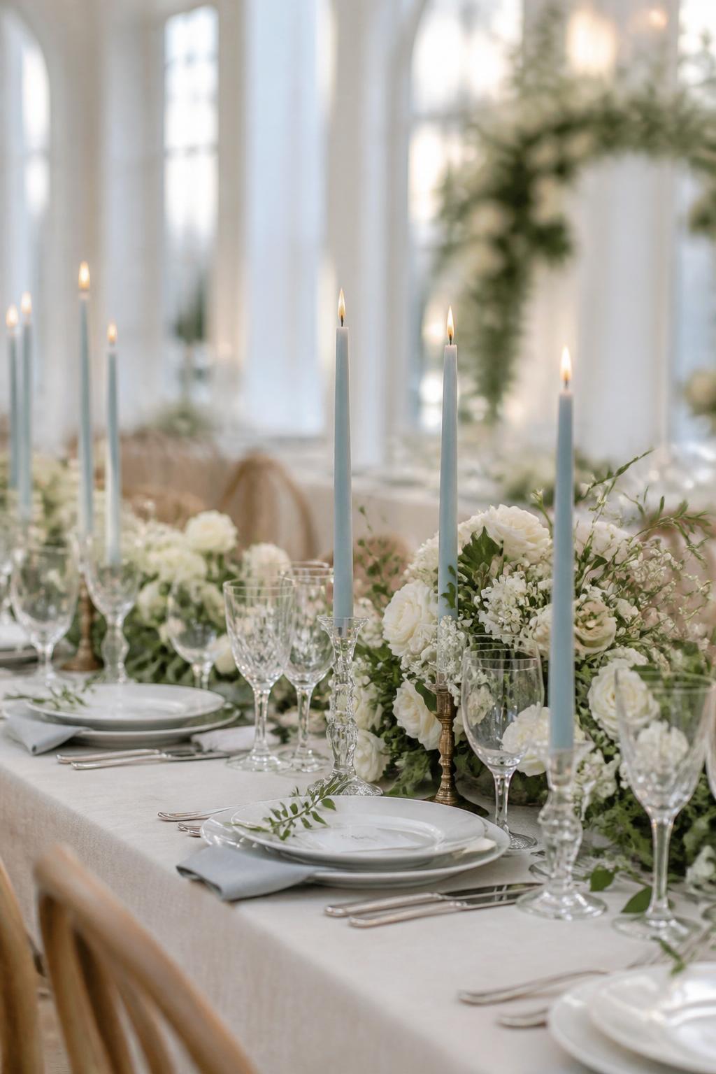 Image Prompt:
A refined wedding reception table featuring pale blue taper candles in elegant holders, ivory linen, white plates, clear glasses, soft white floral arrangements, greenery, and polished flatware. Bright romantic wedding venue, no visible faces, no text, no watermark, realistic DSLR editorial photo, (no watermarks on images)