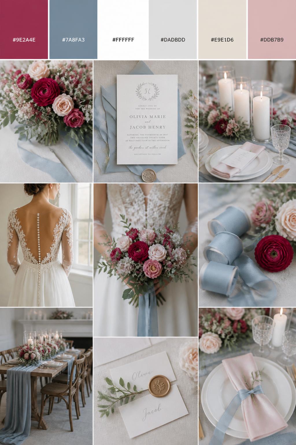 A realistic wedding color mood board in a vertical collage style. Add a top strip of palette swatches with hex codes in raspberry, dusty blue, white, pale gray, soft beige, and muted blush. Below, show realistic wedding details like dusty blue ribbon, raspberry flowers, white candles, soft table settings, elegant invitations, a bouquet held in front of the body with no face shown, back-view bridal detail shots, and a calm no-people reception scene. Use no clear faces, with a mix of cropped body details, hands-only shots, and no-people styling scenes. The look should feel soft, balanced, romantic, and polished with DSLR realism. 9:16 vertical format. (no watermarks on images)