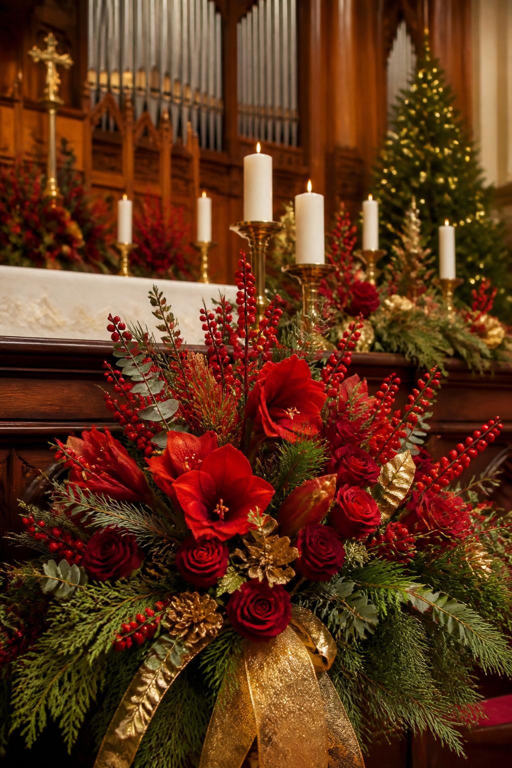 Image Prompt:
A festive church altar decorated with red and green Christmas flower arrangements, using red roses, amaryllis, berries, pine branches, cedar, eucalyptus, white candles, and touches of gold ribbon, warm church lighting, wooden altar, festive but elegant setting, no people, no faces, realistic holiday church decor, professional editorial photo, no text, no watermark.