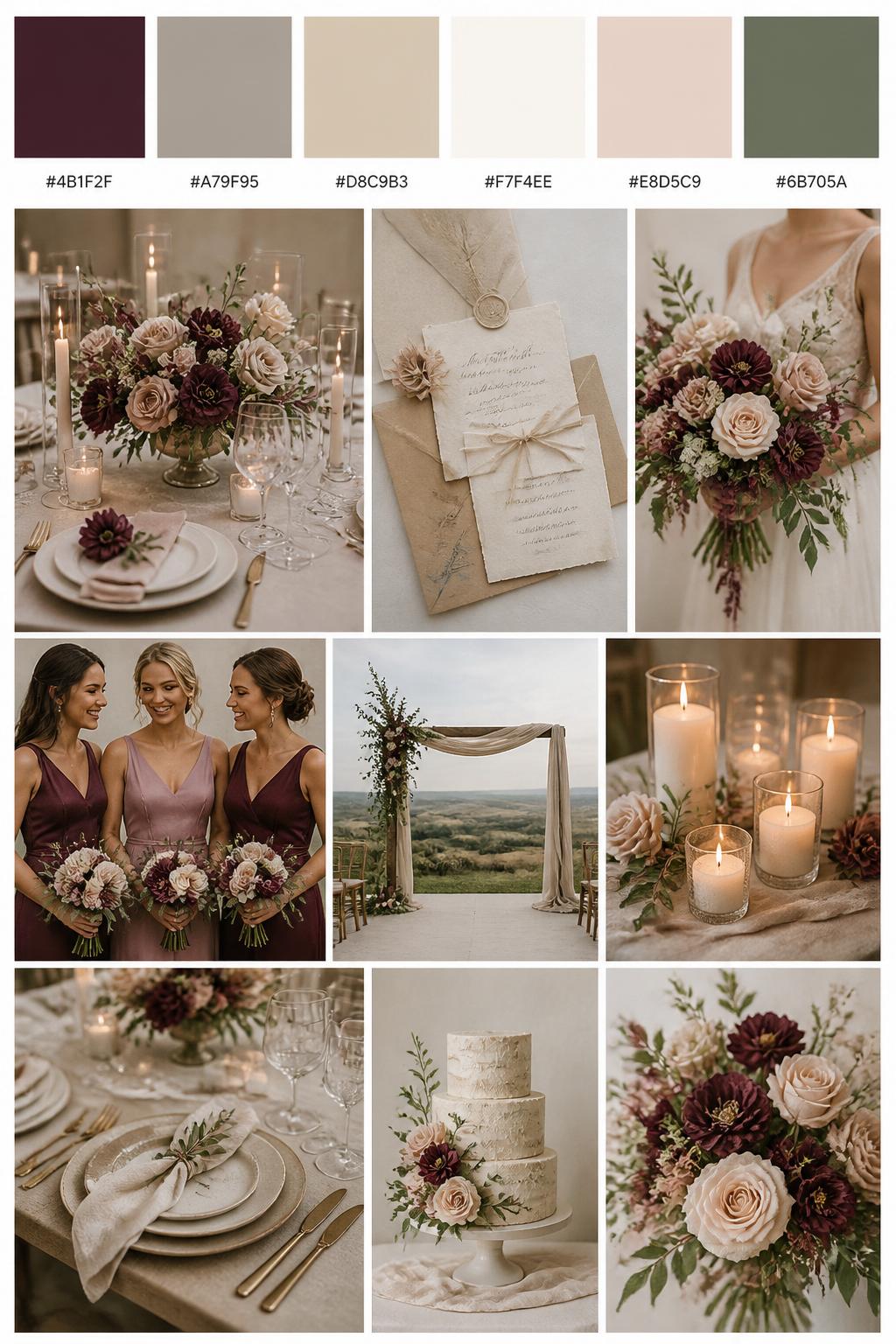 A clean and elegant wedding inspiration board with a top color strip and hex codes in mulberry, soft taupe, warm beige, ivory, blush nude, and muted olive. Under the swatches, show a realistic collage of wedding details: neutral tablescapes, mulberry floral accents, soft beige paper goods, berry-toned dresses, a simple ceremony arch, romantic candles, and bouquet styling with a gentle natural feel. The collage should feel balanced, elevated, and cohesive in a polished Pinterest wedding mood board layout with DSLR-style realism. 9:16 vertical format. No extra text except small hex codes on the palette strip. (no watermarks on images)