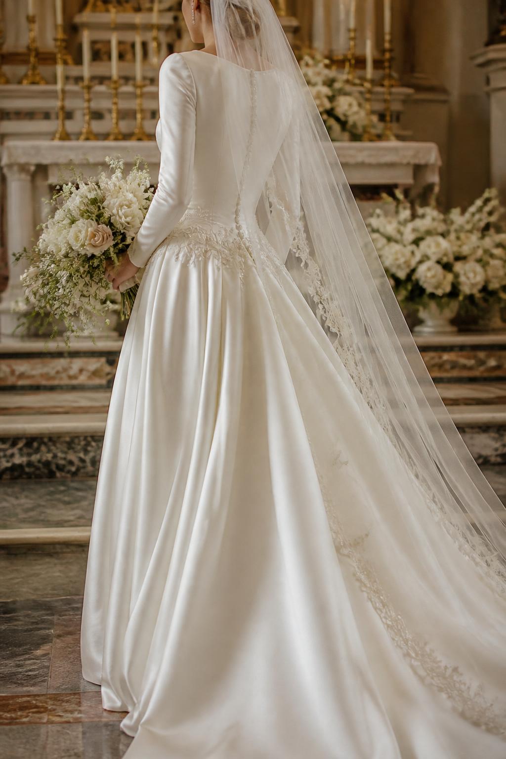 Image Prompt: A high-end bridal editorial image of a bride wearing a modest basque waist wedding dress with a fitted bodice, elegant neckline, and soft flowing skirt in a classic church interior. Show the bride from the neck down or from behind while slightly turning to display the waist detail, with the face fully hidden. Use warm church light, refined floral styling, realistic satin or lace texture, polished bridal composition, luxury editorial magazine quality, no visible face, no text, no watermark. (no watermarks on images)