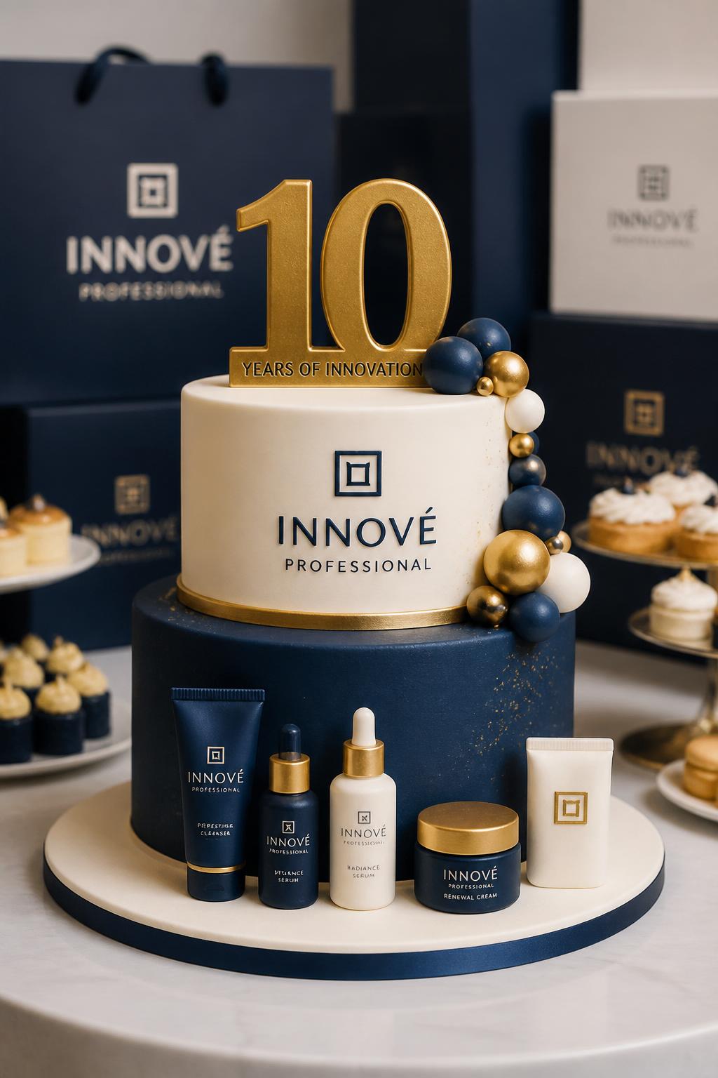 Image Prompt: A creative company anniversary cake styled as a product showcase, with smooth fondant, mini edible product replicas, subtle brand colors, metallic accents, and a clean logo detail. Place it on a modern dessert table with branded packaging blurred in the background, soft lighting, and neat styling. Make it realistic, polished, and professional, no people, no faces, no watermark. (no watermarks on images)