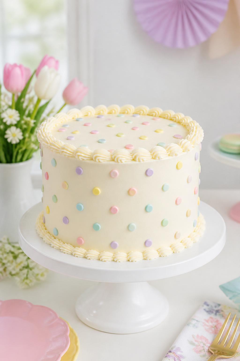 Detailed Image Prompt:
A soft pastel polka dot cake with smooth ivory buttercream, tiny pastel dots in blush, mint, lavender, pale yellow, and baby blue, delicate piped border, styled on a white cake stand with soft spring party decor, bright airy editorial cake photography, no people, realistic DSLR quality, no watermarks on images.