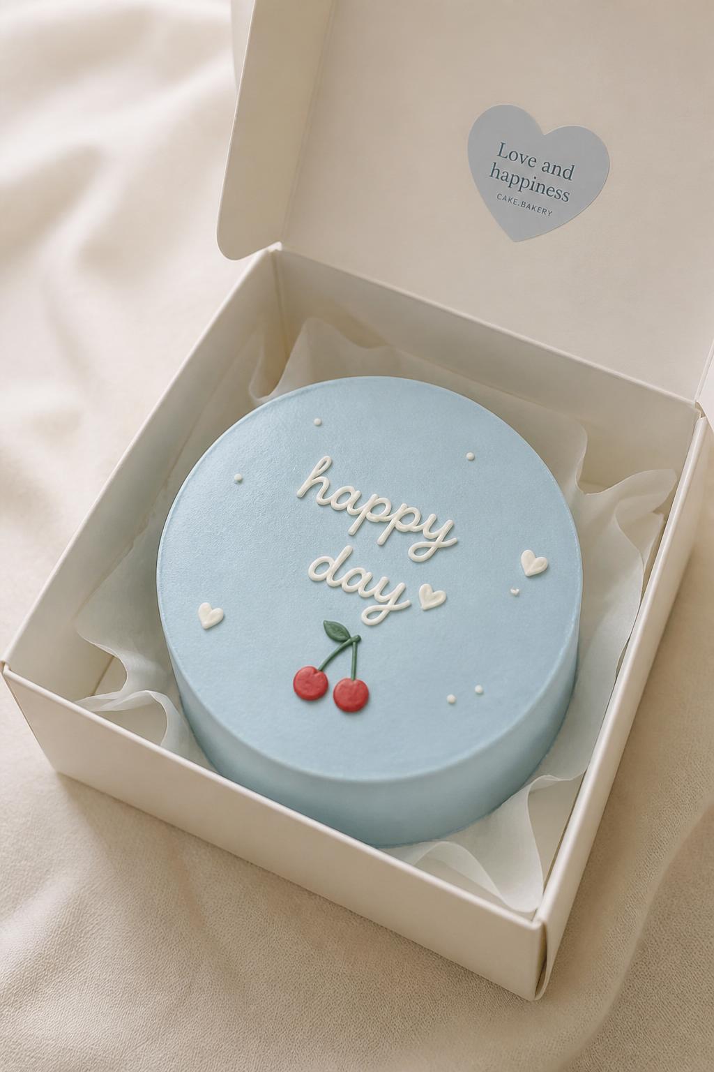 Image Prompt:
A modern Korean style blue bento cake in a white cake box, smooth pale blue frosting, clean finish, tiny cherry or heart detail, simple handwritten icing message, minimal cute styling, soft neutral background, realistic editorial bakery photo, no people, no hands, no faces, (no watermarks on images)