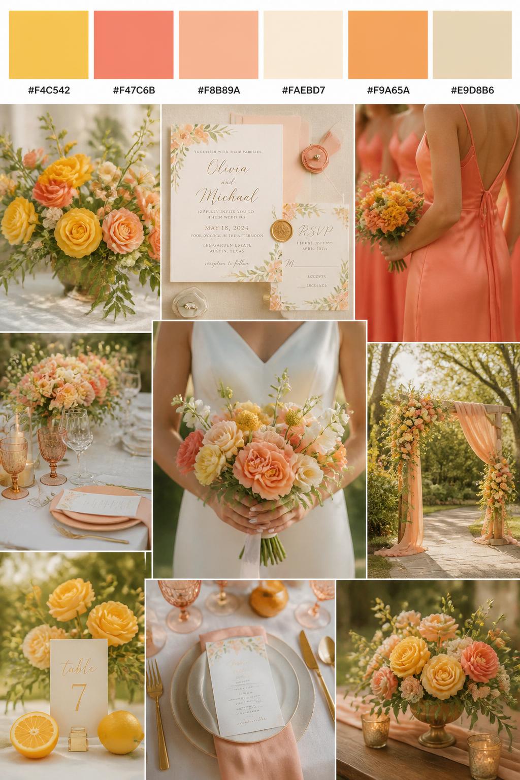 A realistic vertical wedding mood board with a top palette strip showing hex codes in warm yellow, coral, peach, cream, soft orange, and warm beige. Below the swatches, show a cheerful romantic collage of yellow flowers, coral blooms, peach table accents, polished table settings, invitation styling, a bouquet held in front of the body with no face visible, cropped bridesmaid dress details, and warm ceremony decor. Use varied no-face compositions such as side views, back views, hand-held bouquet close-ups, and no-people tablescape shots. DSLR realism, Pinterest-style collage layout, 9:16 vertical format. (no watermarks on images)