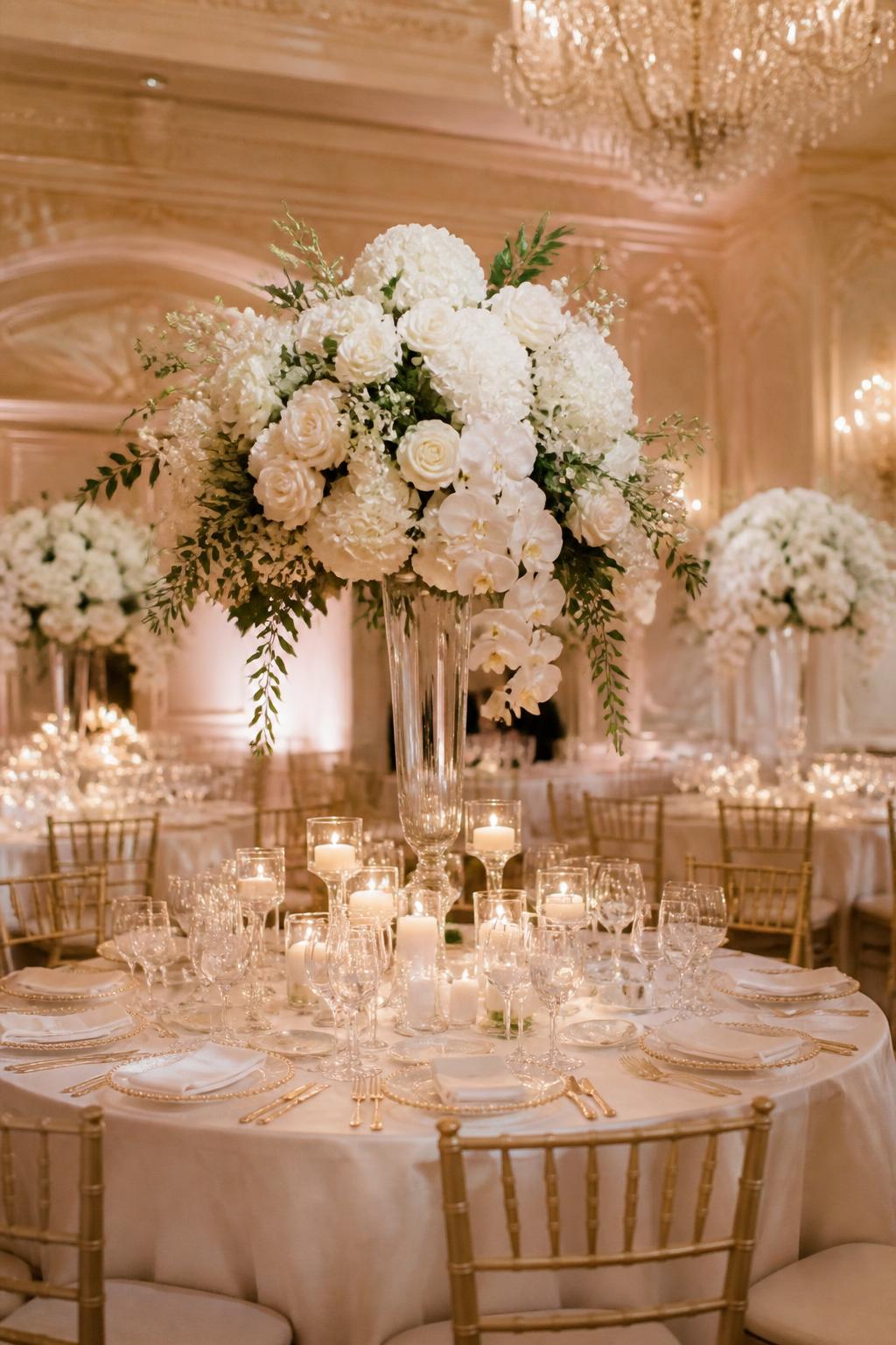 Image Prompt:
A luxury wedding reception photo showing round tables with tall floral centerpieces on clear glass stands, filled with white roses, orchids, hydrangeas, and soft greenery. The tables have white linen, crystal glasses, silver or gold flatware, white plates, and soft candlelight. Grand ballroom setting, no visible faces, no full people, no text, no watermark, realistic editorial wedding photography, (no watermarks on images)