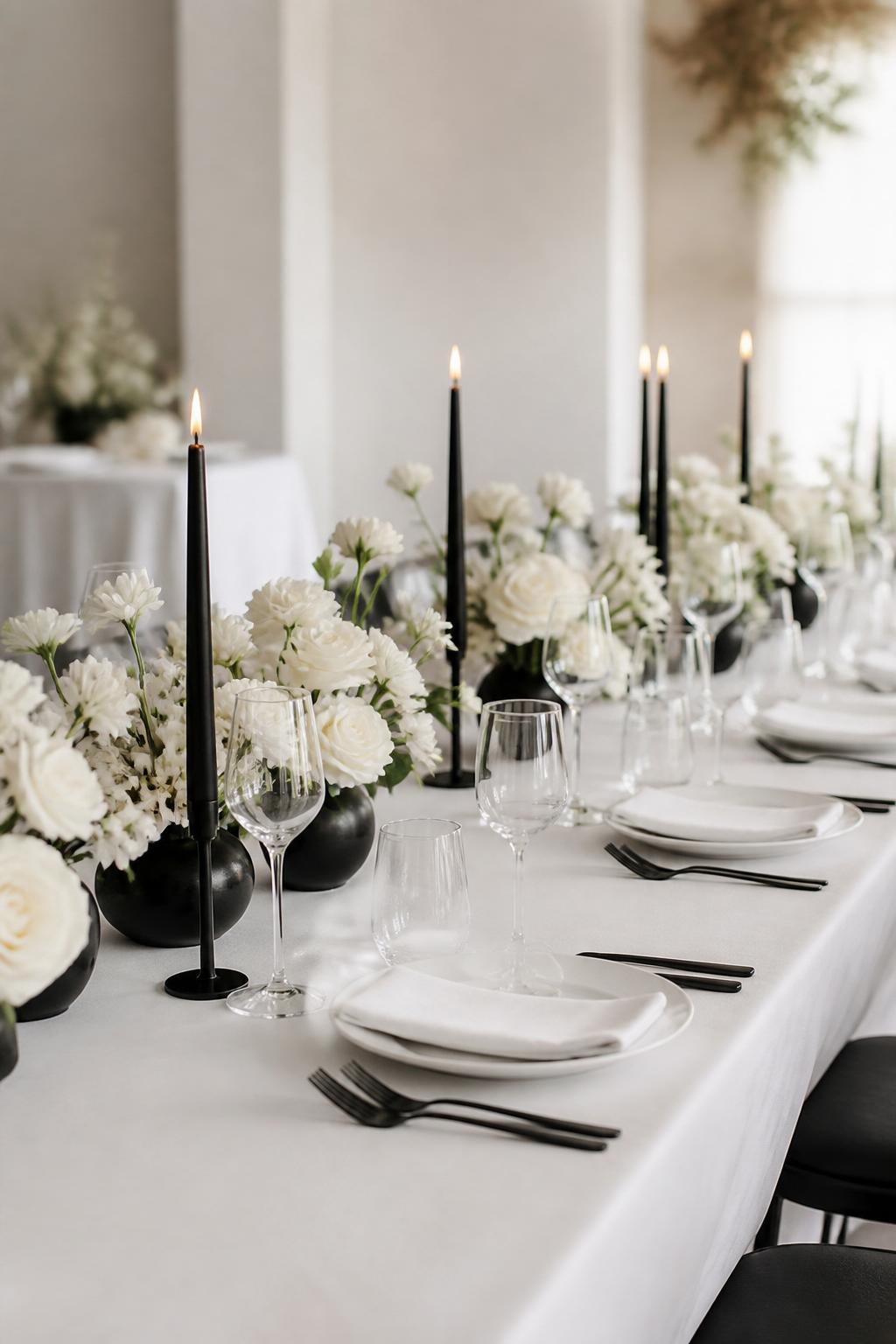Image Prompt:
A modern editorial wedding table photo featuring a long rectangle table with crisp white linens, matte black flatware, black taper candles, white ceramic plates, folded white napkins, clear glassware, and small white floral arrangements in low black vases. The space is clean and stylish with soft natural light, a neutral reception room, no people, no faces, no text, no watermark, professional wedding magazine photography.