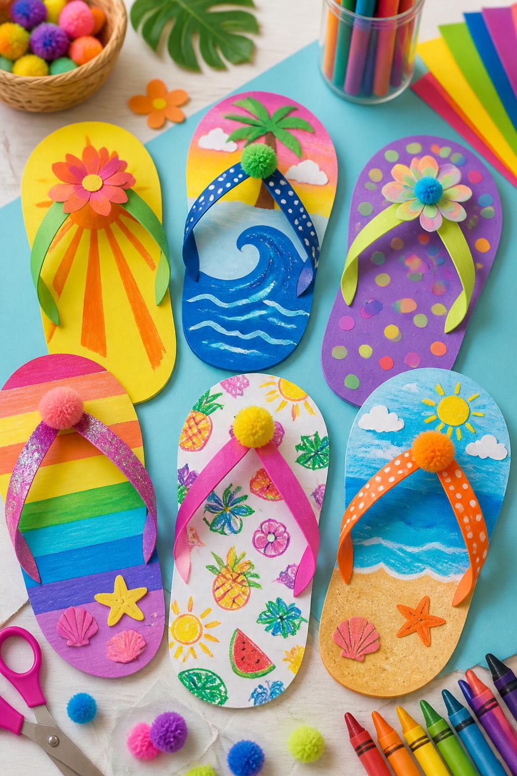 Detailed Image Prompt:
A colorful summer craft photo showing rainbow flip-flop paper crafts, oversized cardstock flip-flops decorated with bright paint, paper straps, pom-poms, stickers, paper flowers, and crayon patterns, displayed on a clean craft table with supplies nearby, playful beach-inspired first day of summer theme, no feet, no people, no faces, no text, no watermark on images.