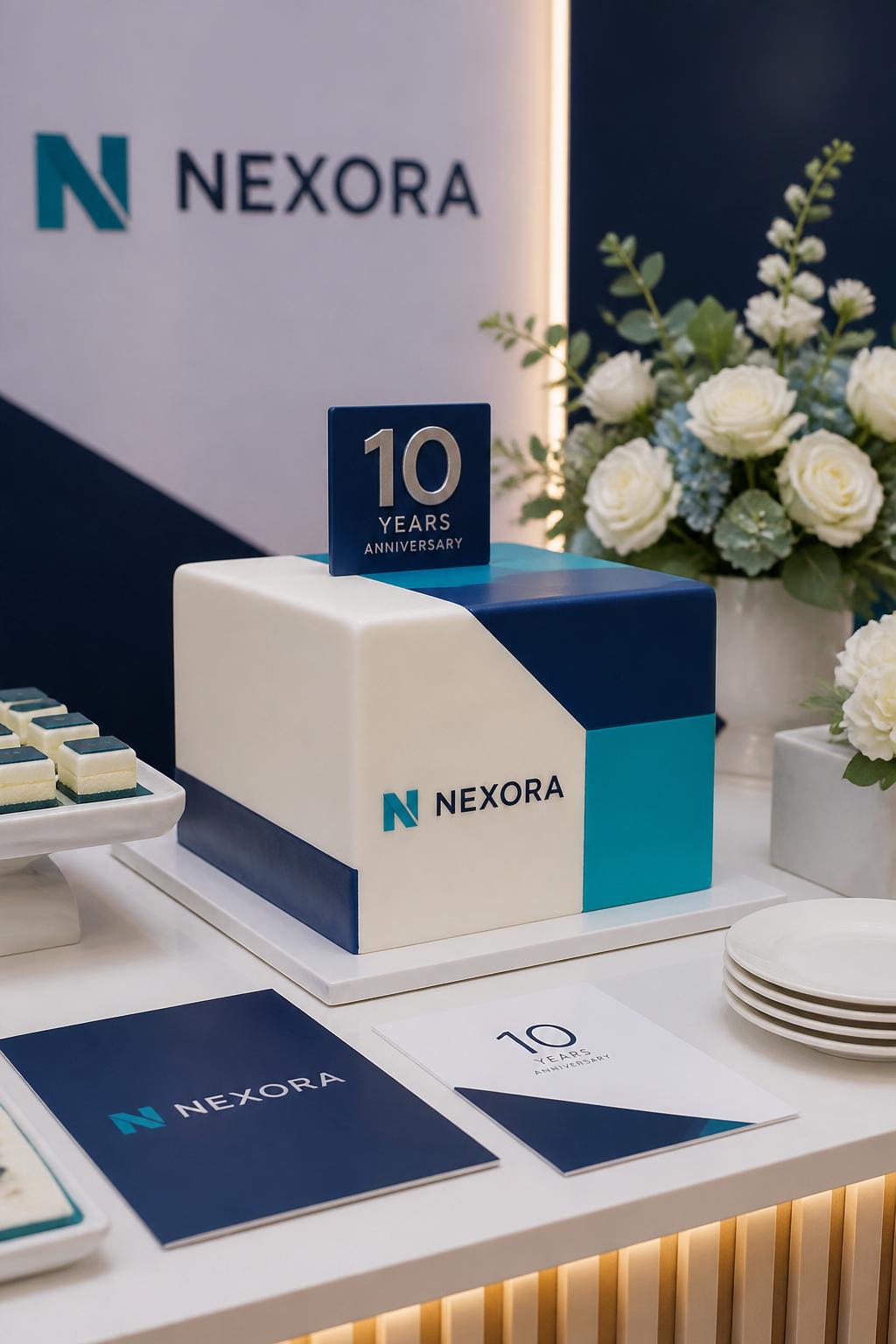 Image Prompt: A modern company anniversary cake with smooth fondant in clean color-block sections inspired by a brand color palette, sharp edges, minimal piping, and a small anniversary topper. Place it on a sleek dessert table with branded stationery, simple floral arrangements, and soft studio-style lighting. Make it look professional, modern, and realistic, no people, no faces, no watermark. (no watermarks on images)