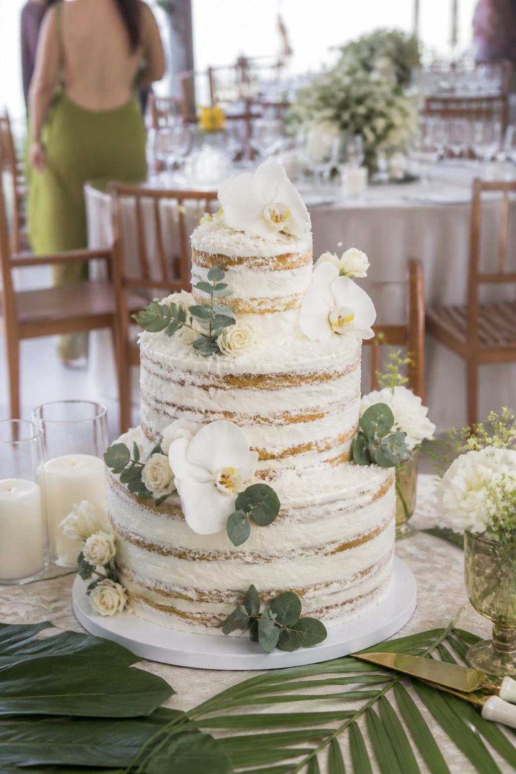 Image Prompt: Ultra-realistic beach or tropical wedding reception photo of a coconut naked wedding cake with visible pale sponge layers, coconut cream filling, light frosting, and delicate coconut flakes on the tiers. Decorate the cake with white orchids, small tropical leaves, and soft ivory flowers. Place it on a styled cake table at a wedding party scene with linen, candles, tropical greenery, and a softly blurred reception setup. No visible faces. If people appear, show only back views, cropped hands, or neck-down figures. Realistic coconut texture, bright natural light, DSLR wedding photography. (no watermarks on images)