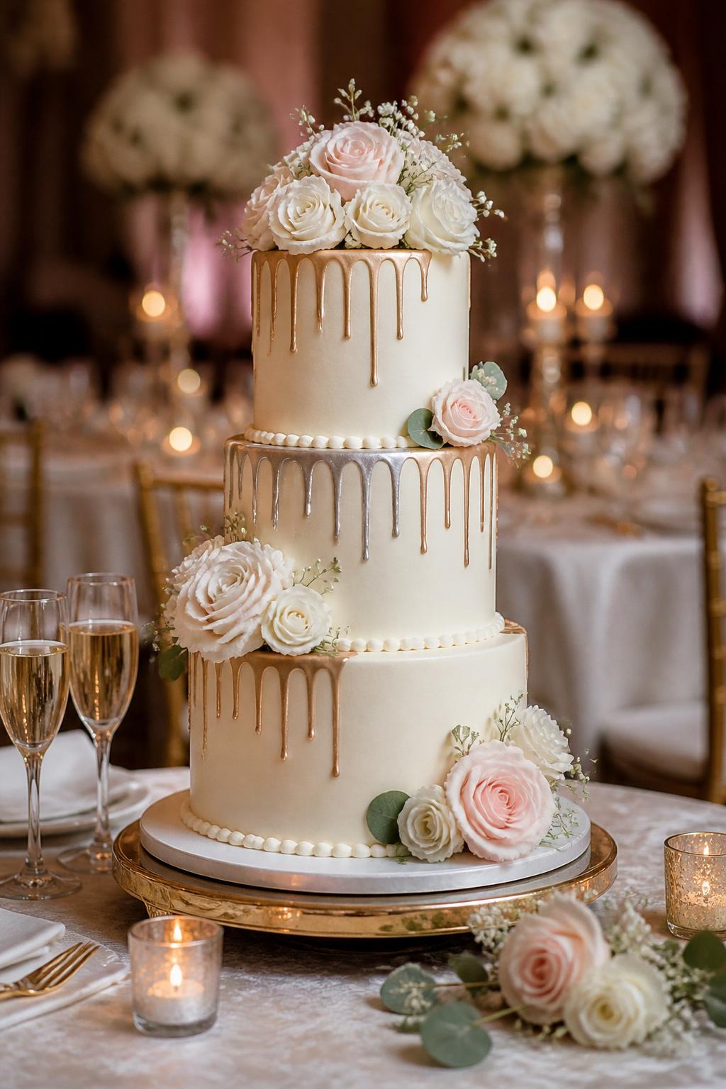 Image Prompt: Ultra-realistic wedding reception photo of a metallic drip wedding cake with smooth white or ivory buttercream tiers and a neat gold, silver, or rose gold drip flowing gently down the sides. Add fresh flowers, pearl details, and soft greenery for a romantic finish. Place the cake on a styled reception cake table with candles, floral centerpieces, champagne glasses, fine linens, and a softly blurred wedding party backdrop. Keep the cake as the clear focal point. No visible faces. If people appear, show only hands, back views, side views in blur, or neck-down figures. Realistic glossy metallic drip, smooth buttercream texture, warm DSLR wedding photography. (no watermarks on images)