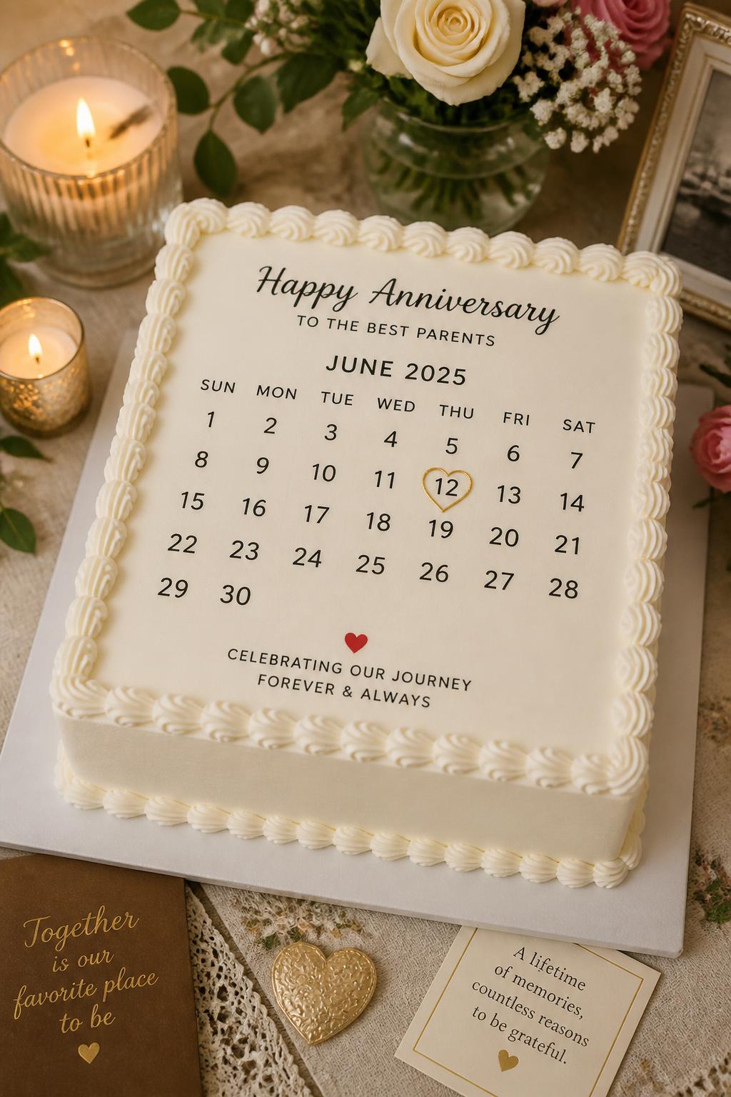 Image Prompt: A personalized anniversary cake for parents designed like a stylish calendar page, with smooth white buttercream, a neat calendar grid, one marked anniversary date with a small gold or red heart, and soft piped edging. Style it on an elegant table with family keepsakes, candles, and flowers. Make it realistic, clean, and sentimental, no people, no faces, no watermark. (no watermarks on images)
