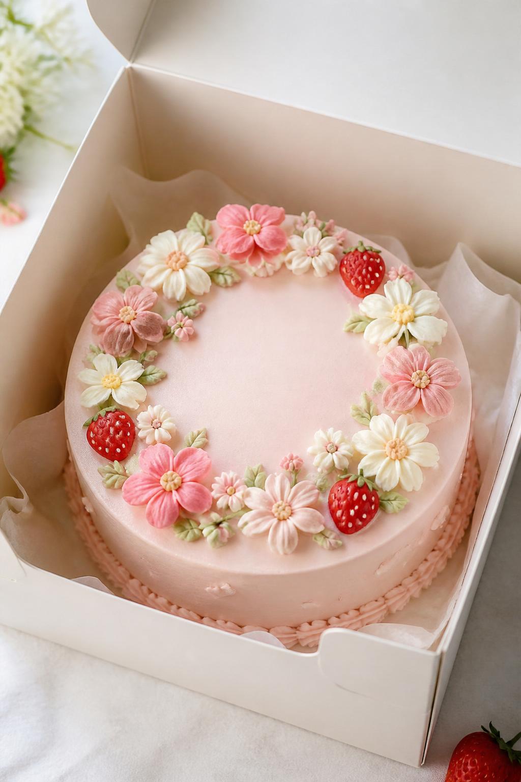 Image Prompt:
A delicate strawberry floral bento cake inside a white open cake box, smooth blush pink frosting, tiny buttercream flowers in pink, cream, and white tones, small strawberry accents, elegant piped border, fresh romantic bakery styling, soft natural light, realistic close-up dessert photography, no people, no hands, no faces, no watermarks on images