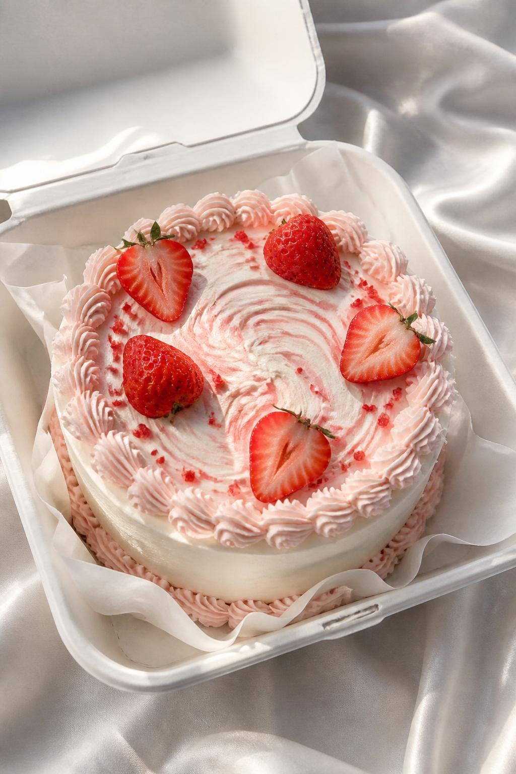 Image Prompt:
A beautiful strawberry and cream themed bento cake inside an open white bento cake box, smooth cream frosting with pale pink swirls, fresh strawberry accents on top, delicate piped border, soft romantic styling, bright natural light, realistic editorial bakery photography, no people, no hands, no faces, no watermarks on images
