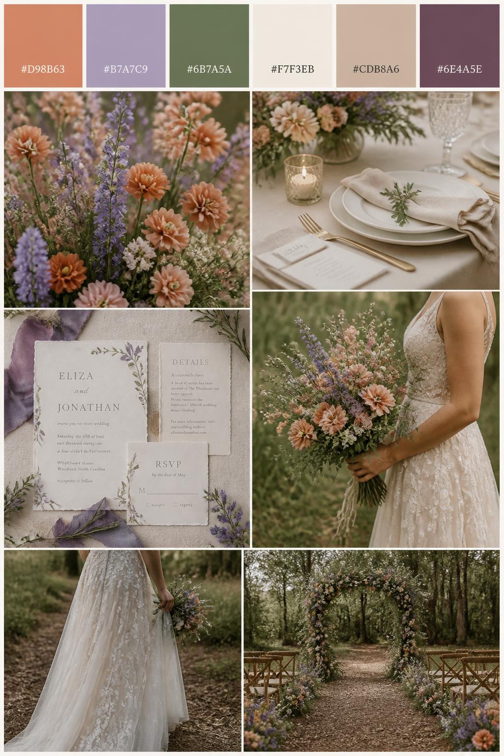 A realistic wedding palette mood board in a vertical collage style. Add a top strip of color swatches with small hex codes in burnt peach, lavender, moss green, ivory, clay beige, and dusty plum. Below, show a wildflower-inspired collage with burnt peach blooms, lavender sprigs, moss greenery, ivory table details, natural linen, invitation flat lays, hands holding a bouquet, a side-view dress shot cropped below the face, and a no-people woodland ceremony setup with wildflowers. Keep the mood earthy, romantic, soft, and natural with DSLR-style realism. 9:16 vertical format. No visible faces. (no watermarks on images)