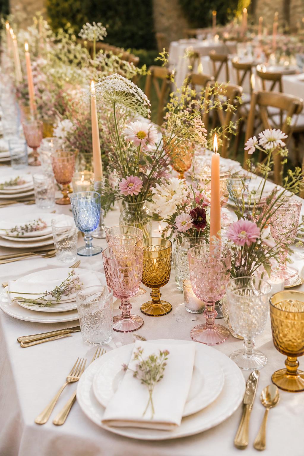 Image Prompt:
A whimsical wedding reception table styled with mismatched vintage glassware in soft pink, amber, pale blue, and clear tones, paired with white plates, gold flatware, wildflower centerpieces, ivory linen, and candlelight. Romantic garden or estate wedding setting, no visible faces, no text, no watermark, realistic DSLR wedding photography, (no watermarks on images)