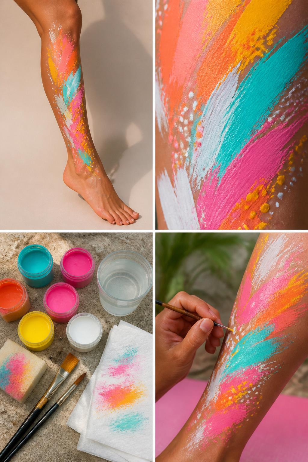 Detailed Image Prompt:
A realistic editorial 2x2 collage grid showing abstract summer color splash leg painting, top-left finished design with coral, yellow, aqua, pink, orange, and white abstract splashes down one calf, top-right close-up of soft splash edges, brush strokes, and dotted accents, bottom-left flat lay of skin-safe colorful body paints, sponge, brushes, wipes, and water cup, bottom-right cropped hands adding colorful dots around a painted splash, bold summer creative craft styling, no faces, no text, no watermark on images.