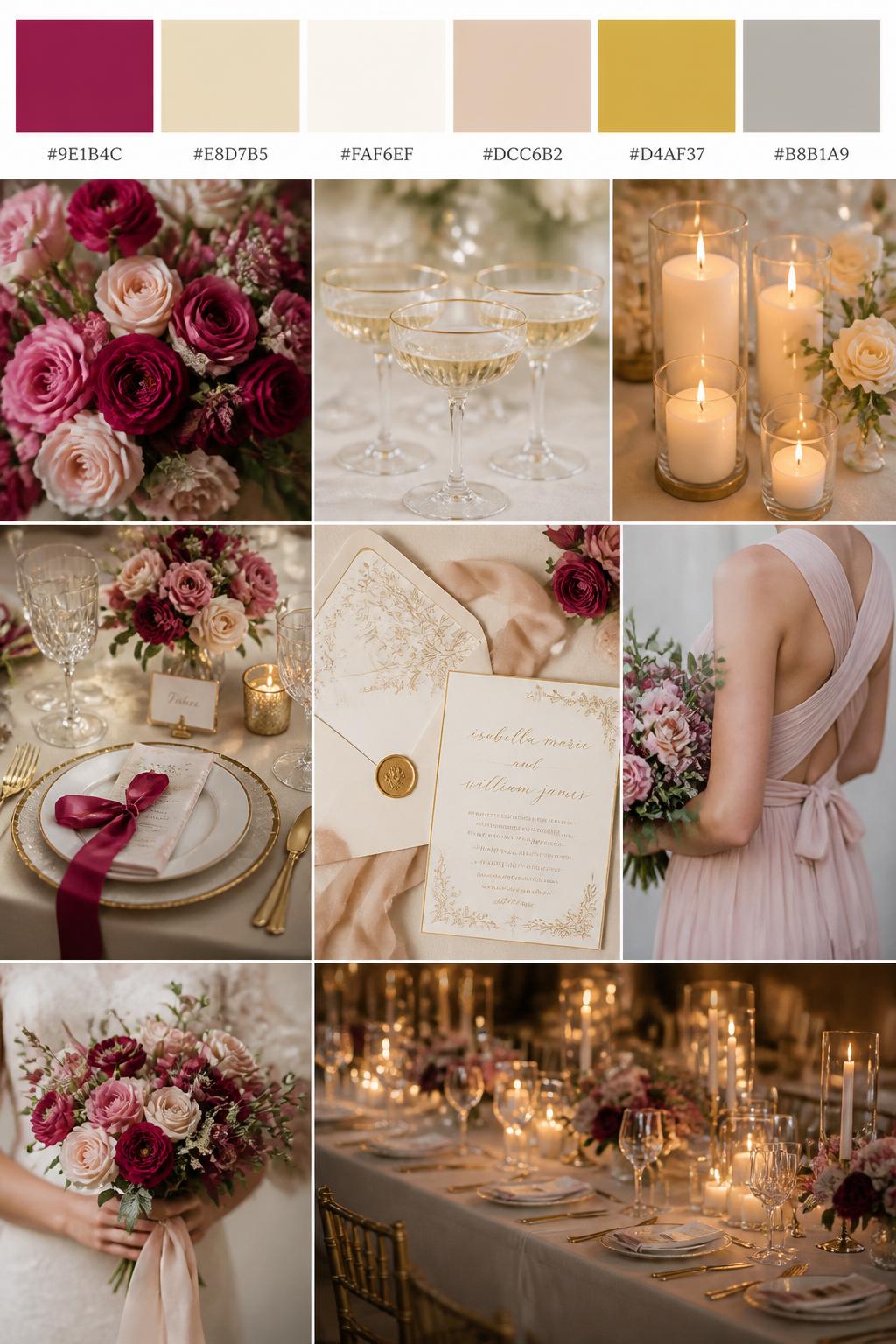 A realistic wedding mood board with a top strip of color swatches and small hex codes in raspberry, champagne, cream, warm nude, soft gold, and pale taupe. Below, show a romantic collage of wedding details: raspberry flowers, champagne glassware, cream candles, elegant table styling, invitation flat lays, a cropped bridesmaid dress detail from the neck down, hands holding a bouquet, and a no-people reception table glowing under warm candlelight. Keep the collage polished, soft, and elegant with DSLR-style realism. Use no clear faces, with side angles, back views, detail-only shots, and no-people scenes. 9:16 vertical format. (no watermarks on images)