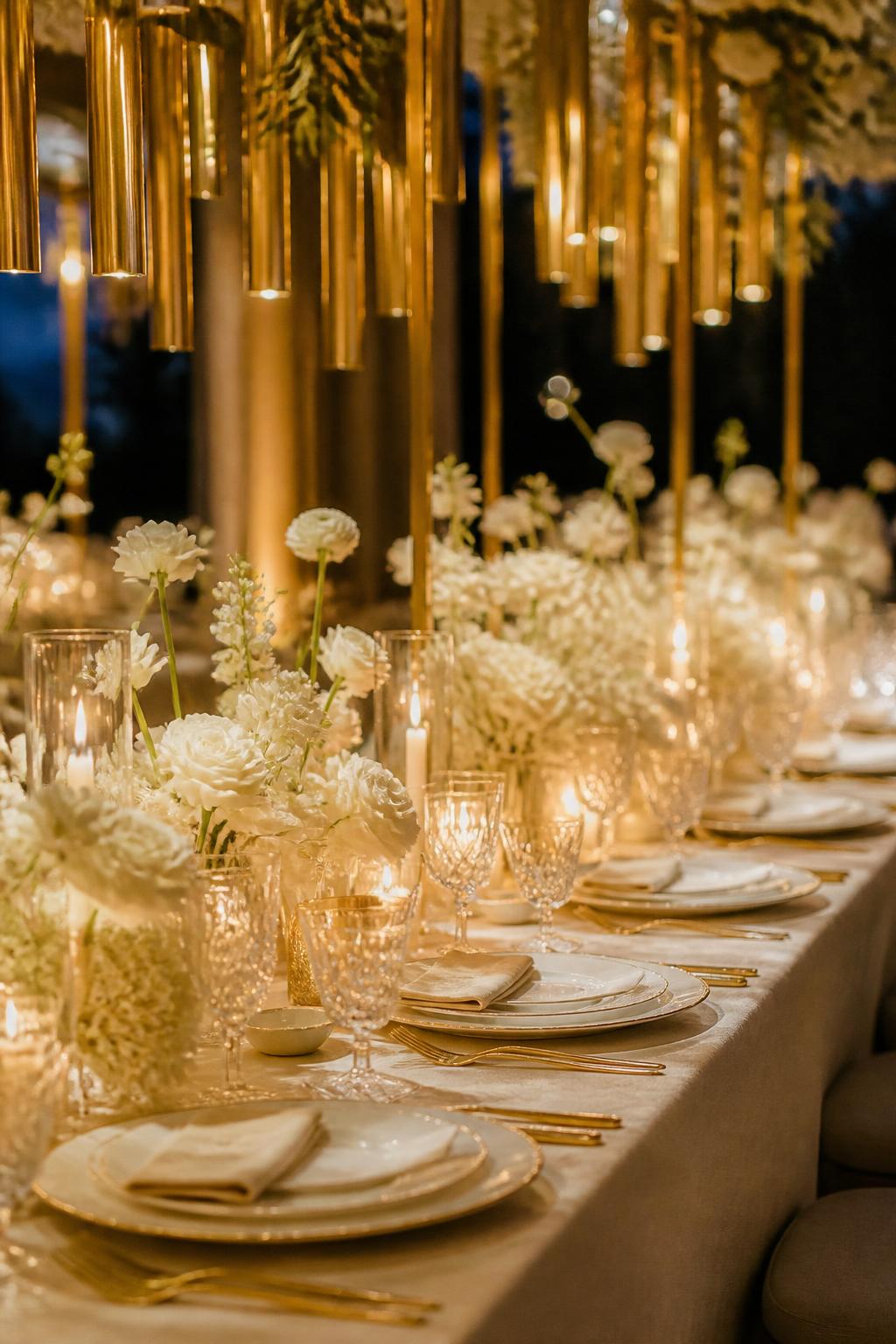 Image Prompt:
A dreamy editorial wedding reception photo showing a long table beneath hanging gold lighting or warm gold-toned pendant details, with the table below styled with white flowers, candles, white plates, crystal glasses, gold flatware, and elegant linen. No visible faces, no full people, table and overhead decor focused, no text, no watermark, realistic DSLR wedding photography, (no watermarks on images)