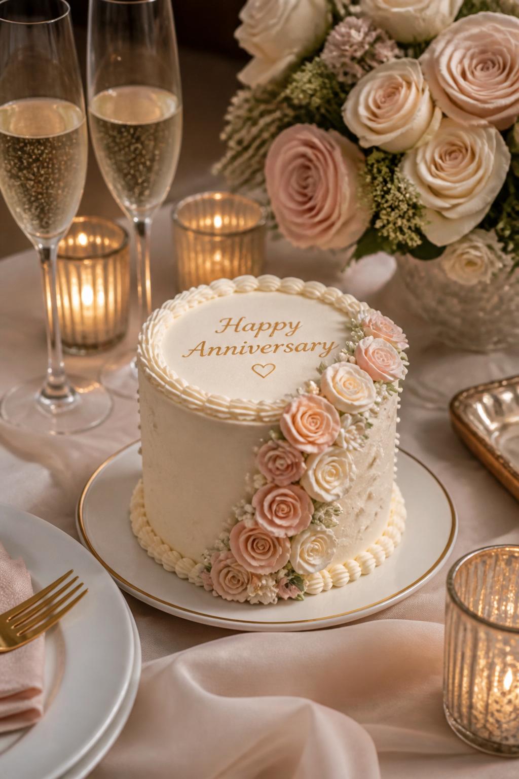 Image Prompt: A small anniversary mini cake with smooth cream buttercream, a tiny cascade of blush, ivory, and peach flowers flowing down one side, pearl dots, and delicate piped borders. Style it on an elegant dessert table with candles, champagne glasses, soft linen, and matching floral decor. Make it romantic, polished, and realistic, no people, no faces, no watermark. (no watermarks on images)