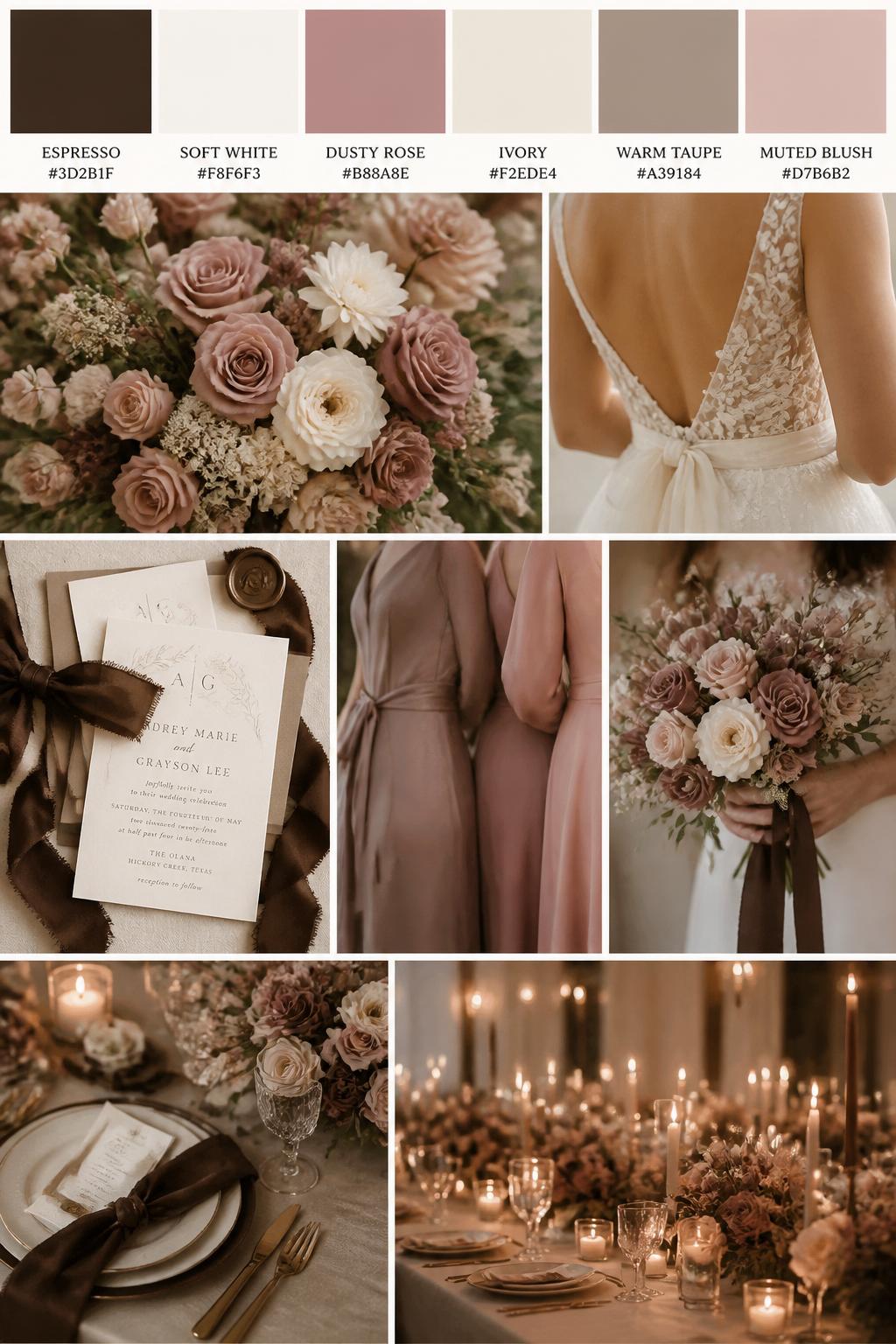 A realistic espresso wedding color palette mood board with a top strip of swatches and small hex codes in espresso brown, soft white, dusty rose, ivory, warm taupe, and muted blush. Below, show a cohesive collage of dusty rose flowers, soft white linens, espresso ribbon, stationery with silk ribbon, a back-view bridal detail, cropped bridesmaid dress fabric shots, hands-only bouquet styling, and a romantic reception table under warm glowing light. Keep faces out of frame using side angles, back views, close-up crops, and no-people scenes. The overall mood should feel soft, romantic, warm, and elegant with realistic DSLR photo quality. 9:16 vertical format. (no watermarks on images)