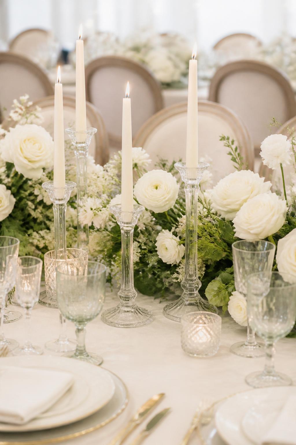Image Prompt:
A classy wedding table image showing clear glass candle holders in different shapes, ivory taper candles, white roses, white ranunculus, soft greenery, white plates, crystal glasses, and elegant linen. Bright refined reception setting, no visible faces, no text, no watermark, realistic DSLR editorial photography, (no watermarks on images)