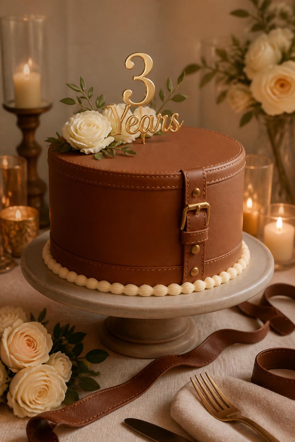 Image Prompt: A beautiful 3rd anniversary cake inspired by the traditional leather anniversary theme, with smooth caramel-brown fondant, subtle stitched details, soft ivory piping, and a small gold “3 Years” topper. Style it on a warm dessert table with candles, cream roses, leather ribbon accents, and neutral linen. Make it elegant, romantic, and realistic, with editorial food photography, no people, no faces, no text overlay, no watermark. (no watermarks on images)