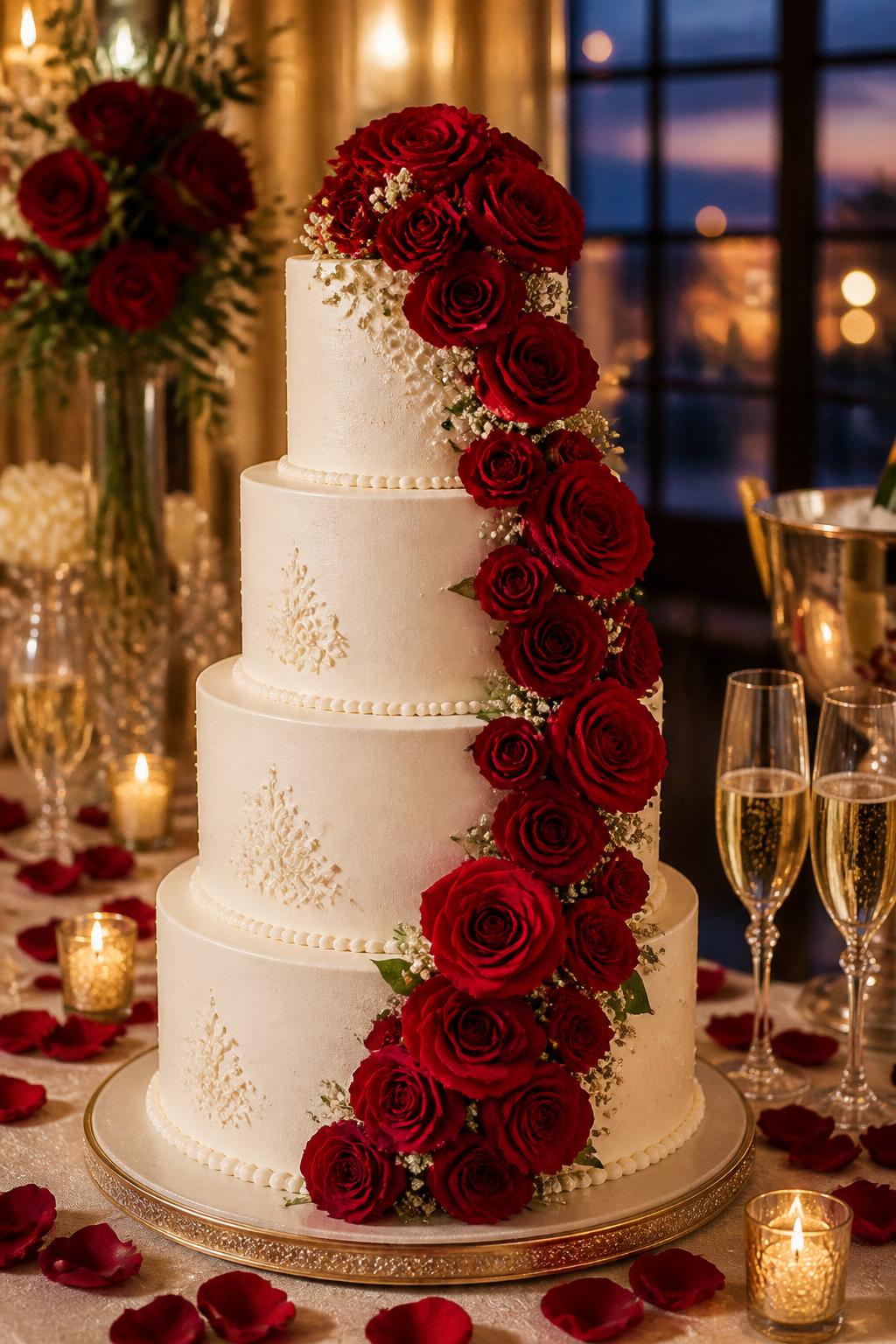Image Prompt: A tall white anniversary cake with smooth buttercream, a cascade of deep red roses flowing down one side, pearl borders, tiny gold accents, and soft piped details. Style it on an elegant dessert table with candles, champagne flutes, red rose petals, and warm evening light. Make it romantic, graceful, and realistic, no people, no faces, no watermark. (no watermarks on images)