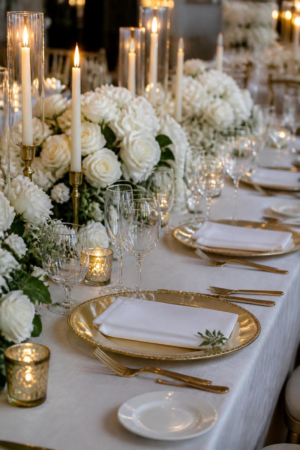 Image Prompt:
A professional editorial wedding reception photo showing a long rectangle wedding table styled with gold chargers, white floral centerpieces with white roses and hydrangeas, ivory taper candles, white plates, folded linen napkins, clear crystal glasses, and soft elegant lighting. Formal indoor or garden wedding reception setting, no visible faces, no full people, table-focused composition, realistic DSLR wedding photography, no text, no watermark, (no watermarks on images)