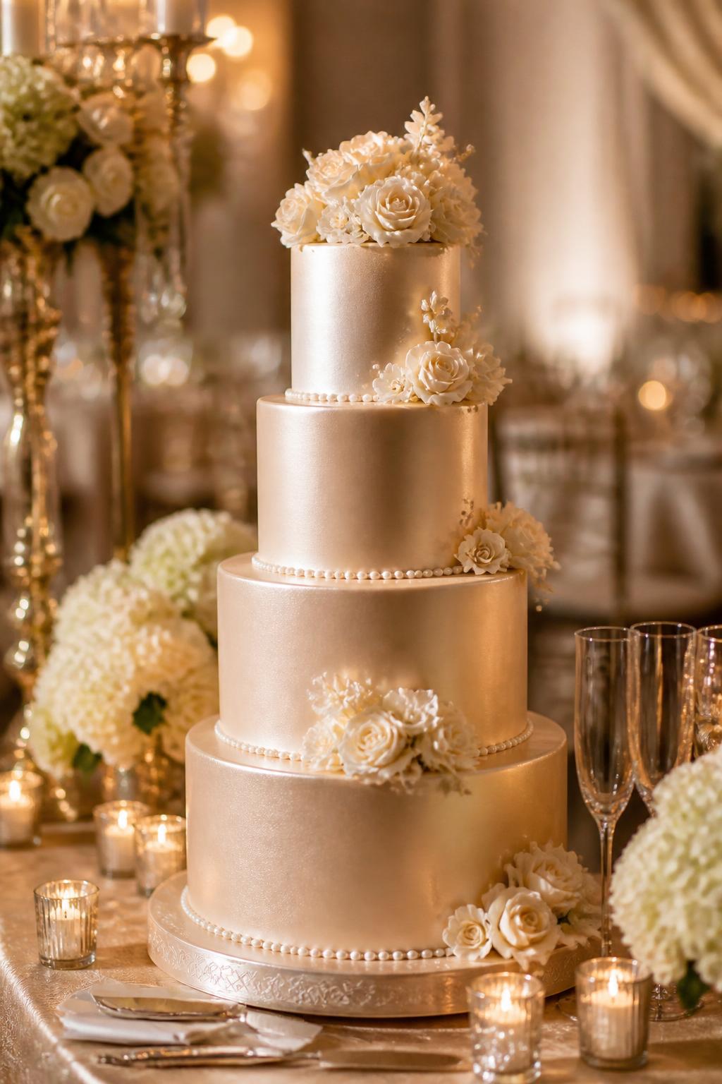 Image Prompt: Ultra-realistic wedding party photo of a champagne metallic wedding cake with smooth champagne-toned tiers, soft metallic sheen, pearl details, ivory flowers, and a refined romantic finish. Style the cake on an elegant reception cake table with candles, champagne glasses, ivory floral centerpieces, fine linens, and a softly blurred wedding venue background. Keep the cake as the main subject. No visible faces. If guests appear, show only cropped hands, back views, side views in blur, or neck-down figures. Realistic champagne metallic sheen, smooth icing texture, warm romantic DSLR lighting. (no watermarks on images)