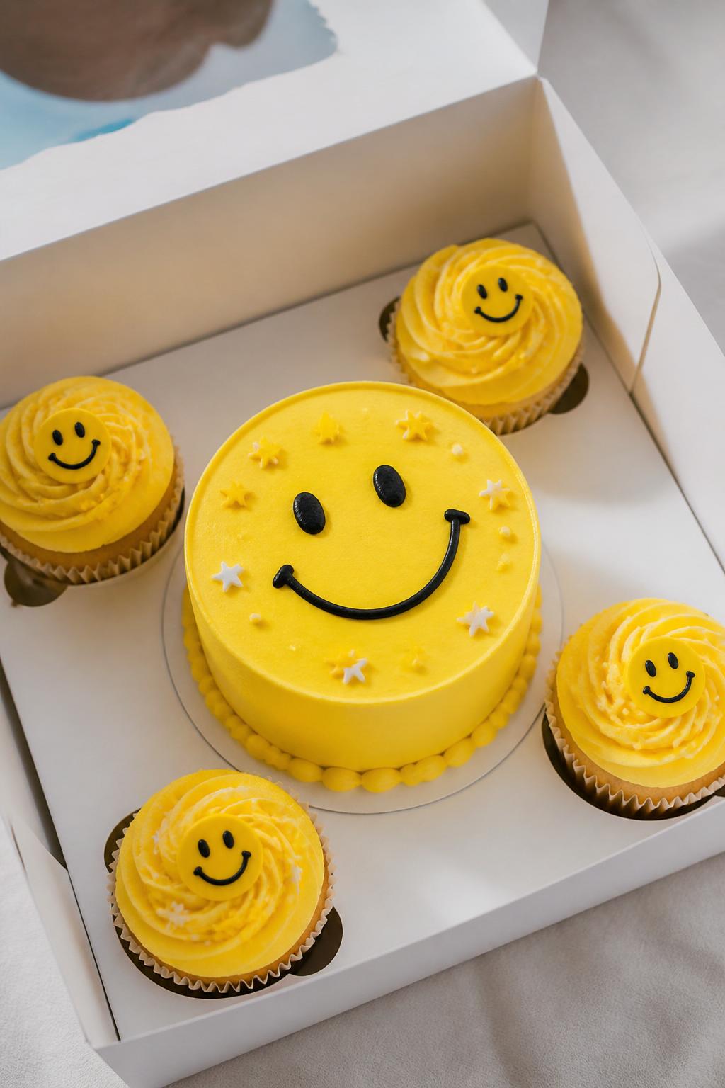 Image Prompt:
A fun smiley face bento cake with cupcakes set arranged in a white bakery gift box, one small round bento cake with bright yellow frosting and a cute smiley face design on top, surrounded by four matching cupcakes with yellow buttercream swirls, tiny smiley toppers, and cheerful star sprinkles, playful modern dessert styling, bright natural light, realistic close-up bakery photography, no people, no hands, no faces, no watermarks on images
