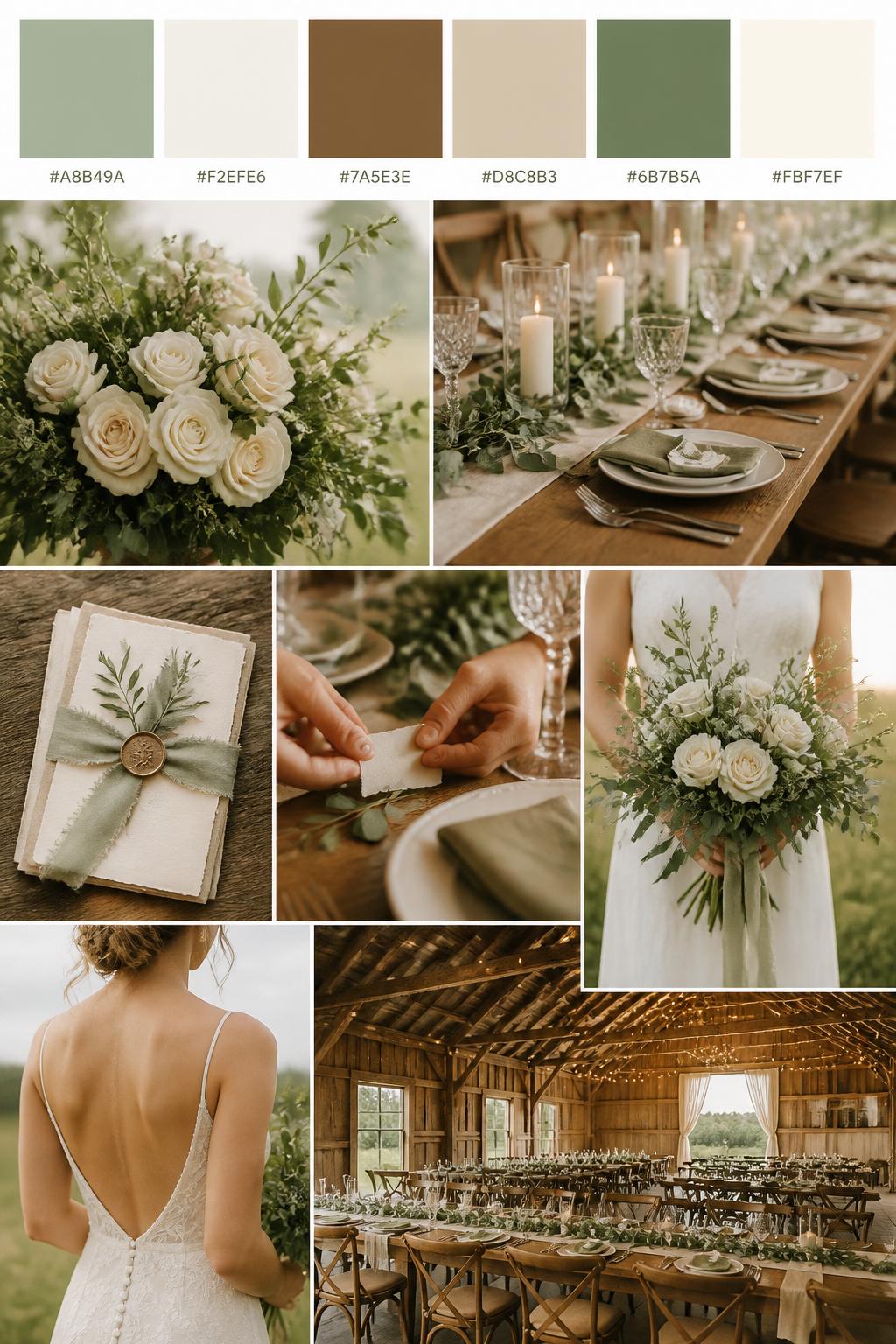 A realistic country wedding color palette mood board in a Pinterest-style collage layout. Add a top row of clean color swatches with small hex codes in sage green, ivory, warm wood brown, soft beige, muted olive, and cream. Below the swatches, create a polished collage of country wedding details: sage greenery, ivory roses, wooden farmhouse tables, simple candles, linen napkins, rustic stationery tied with ribbon, a bouquet held at waist level with no face visible, hands adjusting place cards, a back-view bridal detail, and a no-people barn reception table scene. Use side views, back views, cropped-from-neck detail shots, hands-only styling, and no-people scenes to avoid showing faces. Soft natural light, barn or countryside setting, DSLR-style realism, 9:16 vertical format. No extra text except small hex codes on the palette strip. (no watermarks on images)