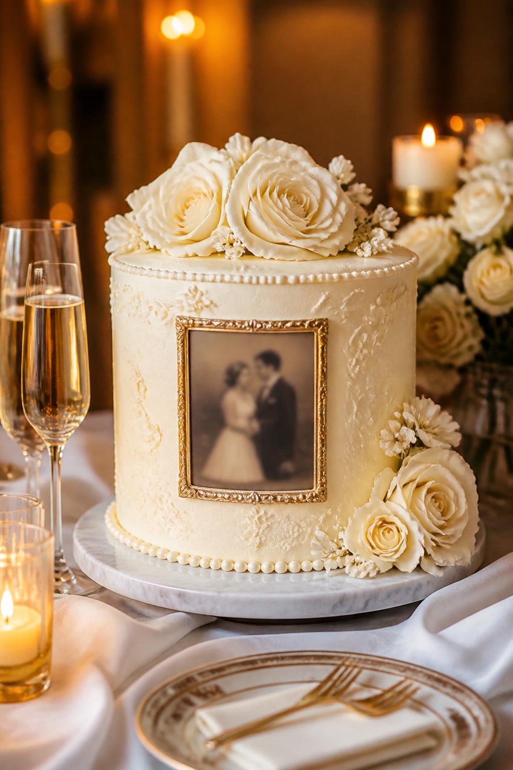 Image Prompt: A lovely anniversary cake with smooth ivory buttercream, one tasteful edible wedding photo placed in a soft gold frame on the front, pearl borders, cream roses, and delicate piped details. Style it on an elegant dessert table with candles, champagne glasses, white linen, and soft romantic lighting. Make the edible photo softly blurred with no clear visible faces, realistic cake texture, editorial food photography, no people, no faces, no text overlay, no watermark. (no watermarks on images)