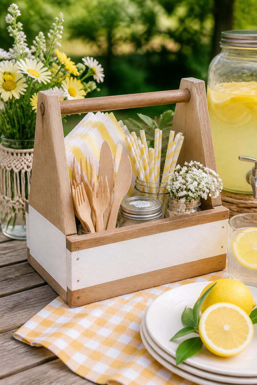 Detailed Image Prompt:
A warm summer DIY craft photo of a rustic wooden picnic caddy, small wooden box with handle, painted in soft white and natural wood tones, filled with napkins, wooden utensils, paper straws, and small jars, styled on an outdoor picnic table with lemonade and flowers nearby, clean editorial summer picnic setting, no people, no faces, no readable text, no watermark on images.