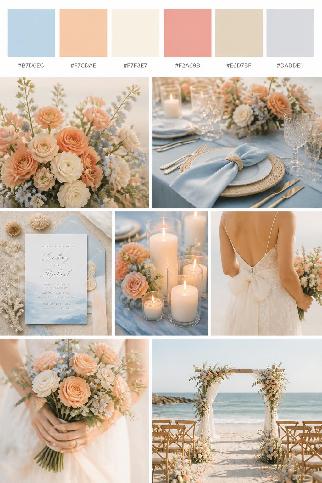 A realistic wedding color scheme mood board with a top swatch strip and small hex codes in sky blue, peach, cream, soft coral, warm sand, and pale gray. Below, create a soft beach collage of peach flowers, sky blue table details, cream candles, airy wedding invitations, hands holding a bouquet, a back-view bridal detail, and a soft outdoor ceremony scene near the water. Use no clear faces and mix detail shots with no-people decor images for variety. The mood should feel breezy, romantic, and coastal with soft natural light and DSLR-style realism. 9:16 vertical format. (no watermarks on images)